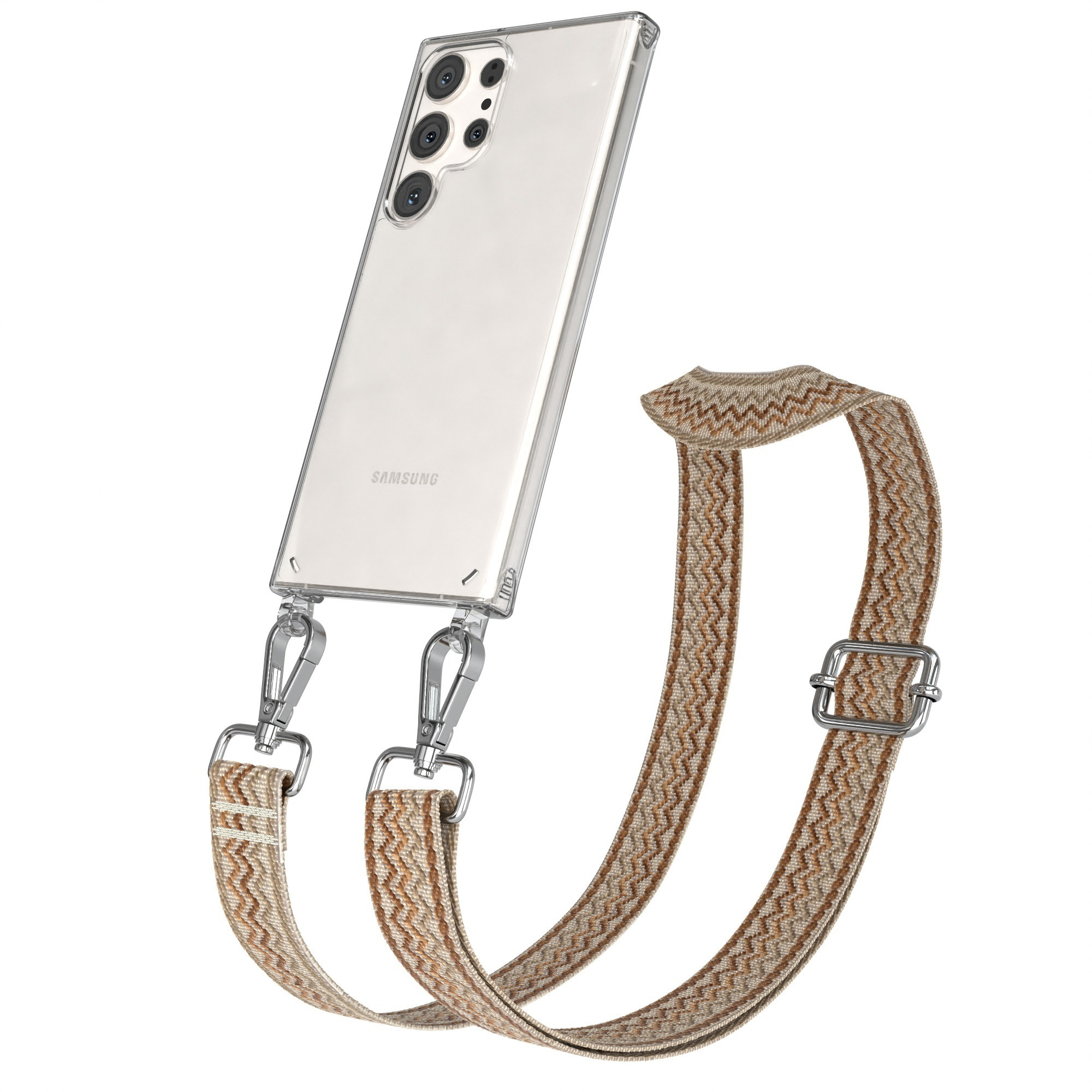 Samsung-Telefon mit durchsichtiger Hülle und braun gemustertem Gurt.