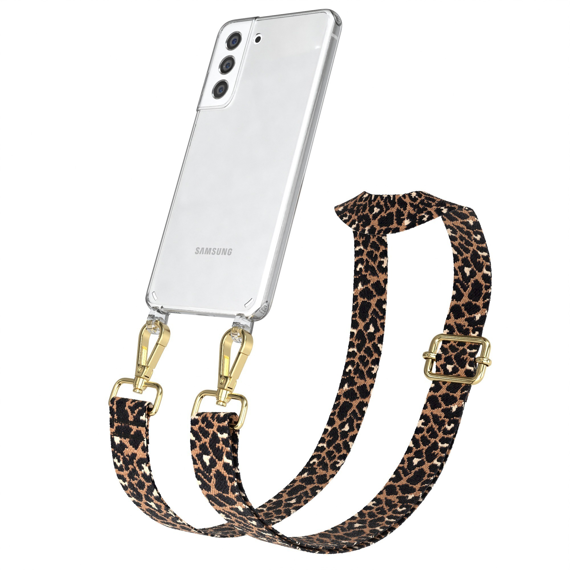 Transparente Handyhülle mit Leopardenmuster-Gurt. Samsung-Telefon ist sichtbar. Metallclips und Schnalle.