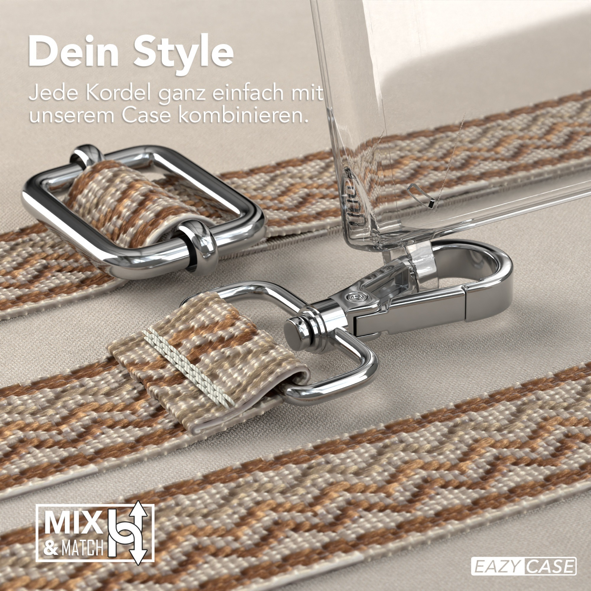 Nahaufnahme eines Handyhüllenriemens mit silbernem Clip und einer transparenten Handyhülle.