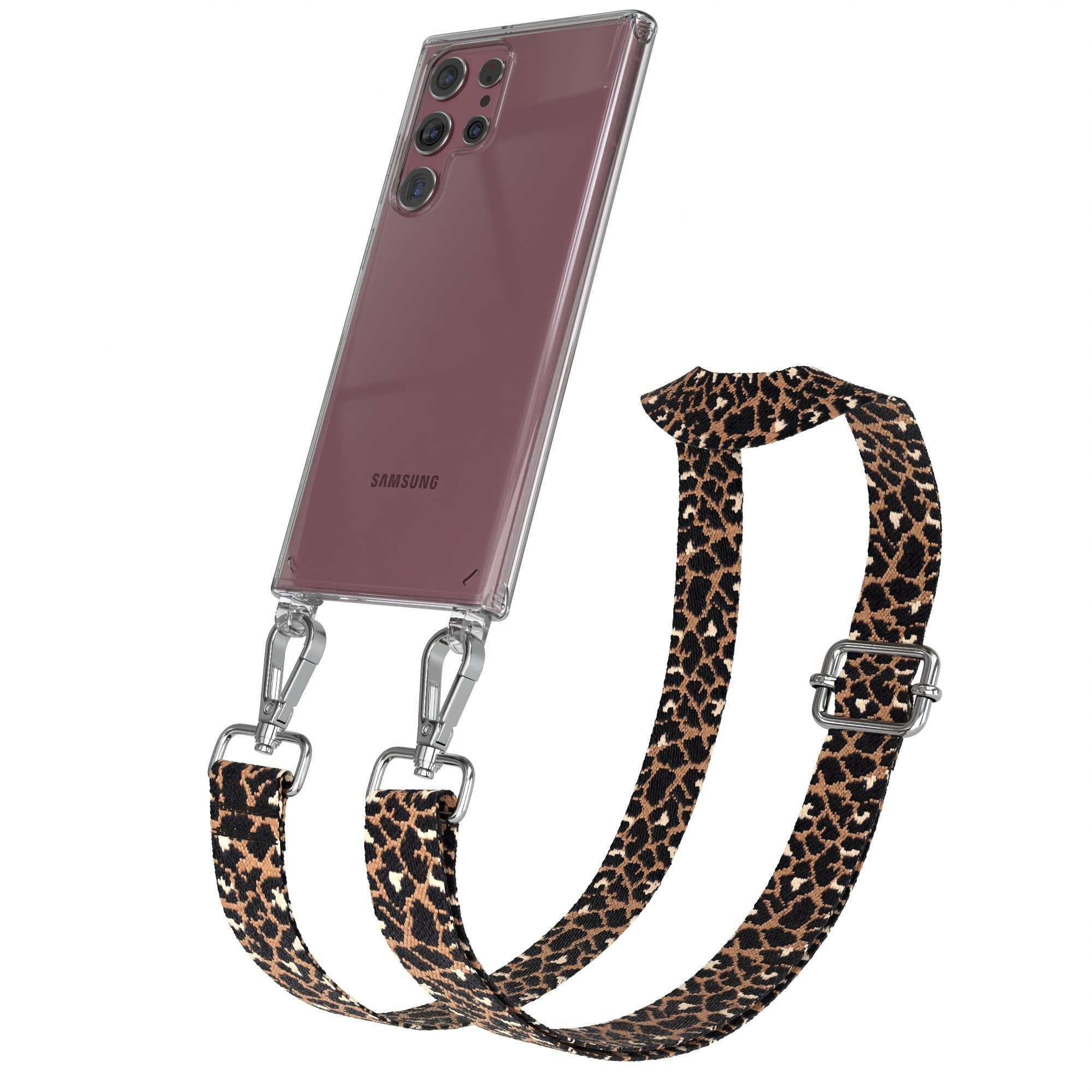 Telefon mit Leopardenriemen. Klare Hülle, silberne Verschlüsse und gemusterter Riemen. Weißer Hintergrund.
