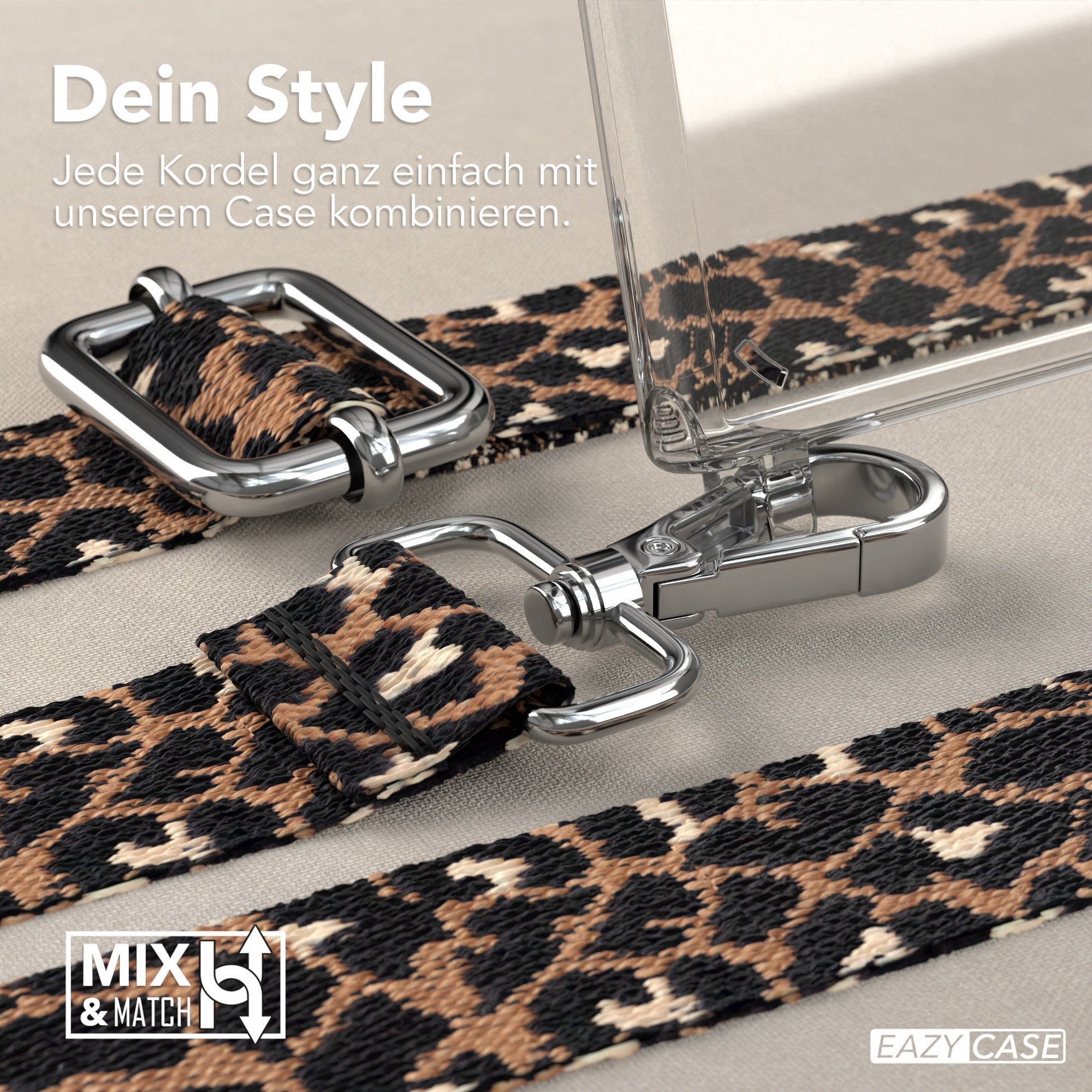 Eine transparente Handyhülle mit Leopardenmuster-Gurt ist abgebildet.