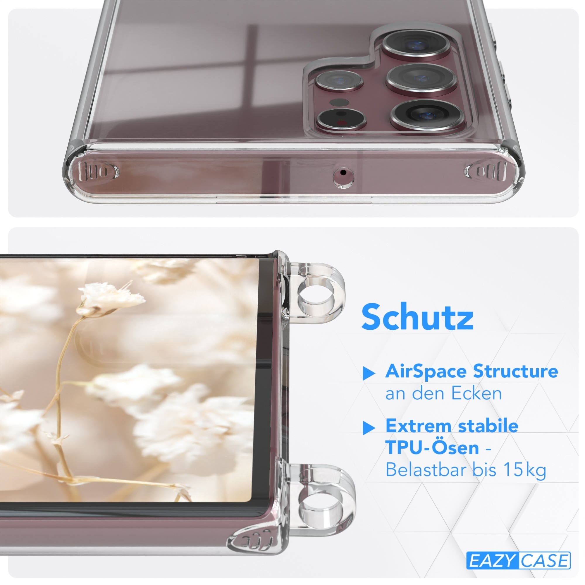 Nahaufnahme einer Handyhülle mit Blume darin. Text erwähnt AirSpace-Struktur.