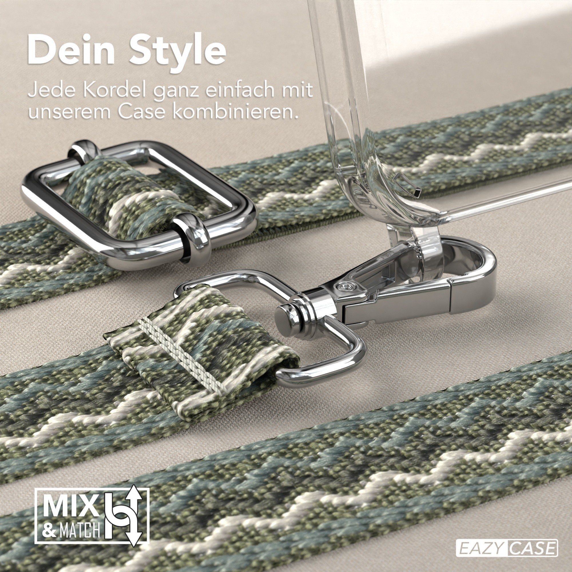 Nahaufnahme von Handyhüllenriemen und Schnalle, die das Design zeigen. Die Hülle liegt auf einer Oberfläche.