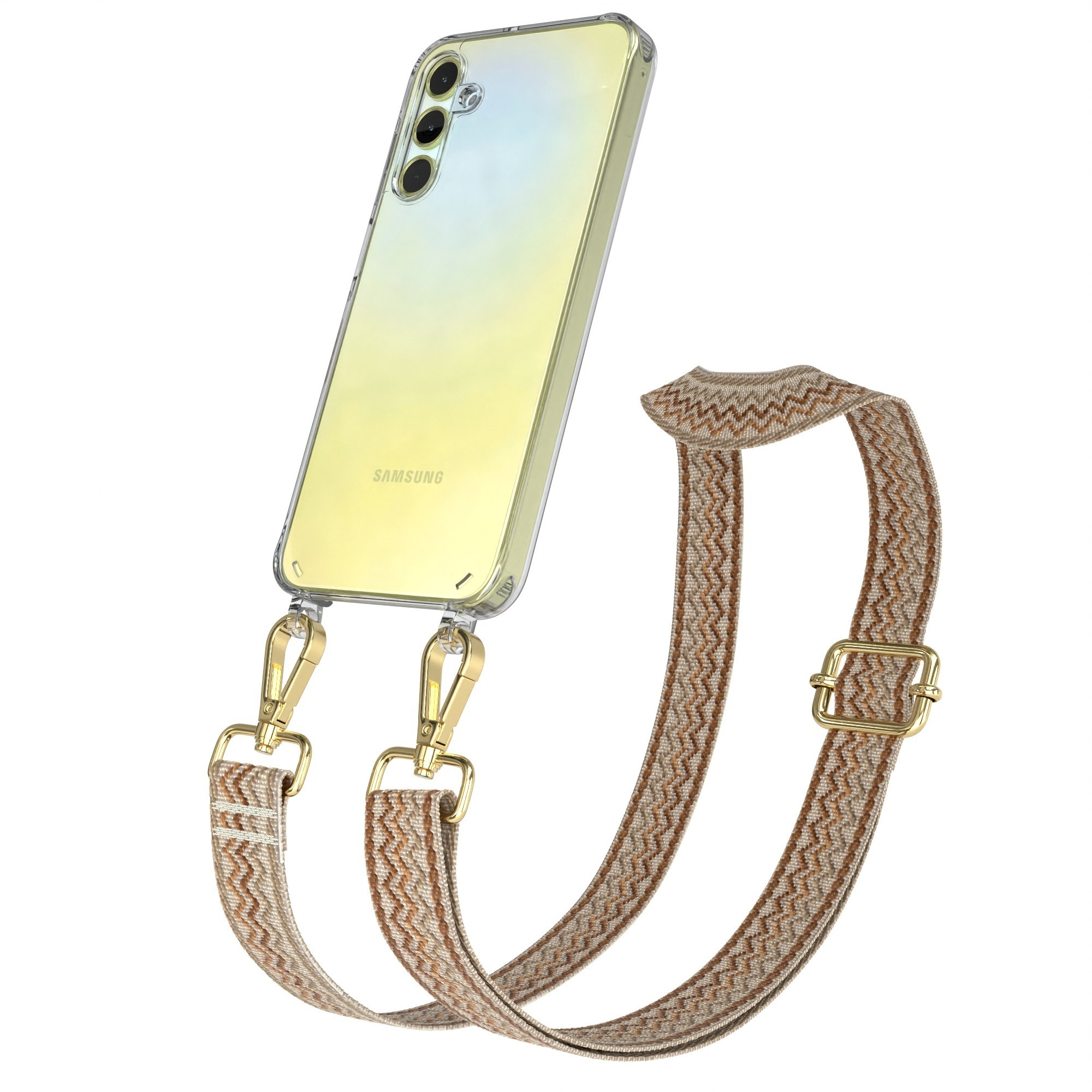 Telefon mit beigem und weißem Band, klarer Hülle, goldenen Verschlüssen.