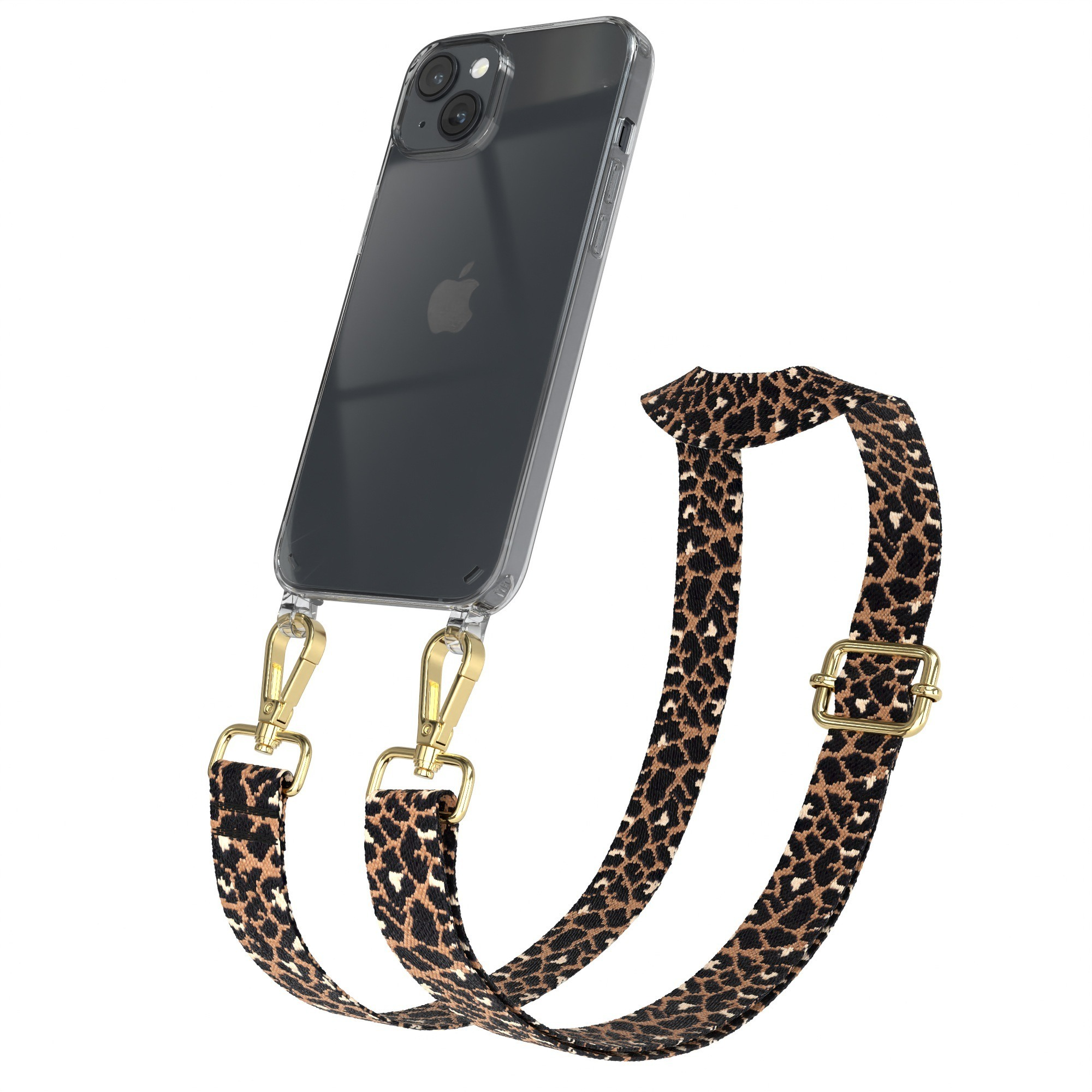 Telefon mit Leopardenmuster-Gurt. Goldene Haken und Schnalle. Klare Hülle. Weißer Hintergrund.