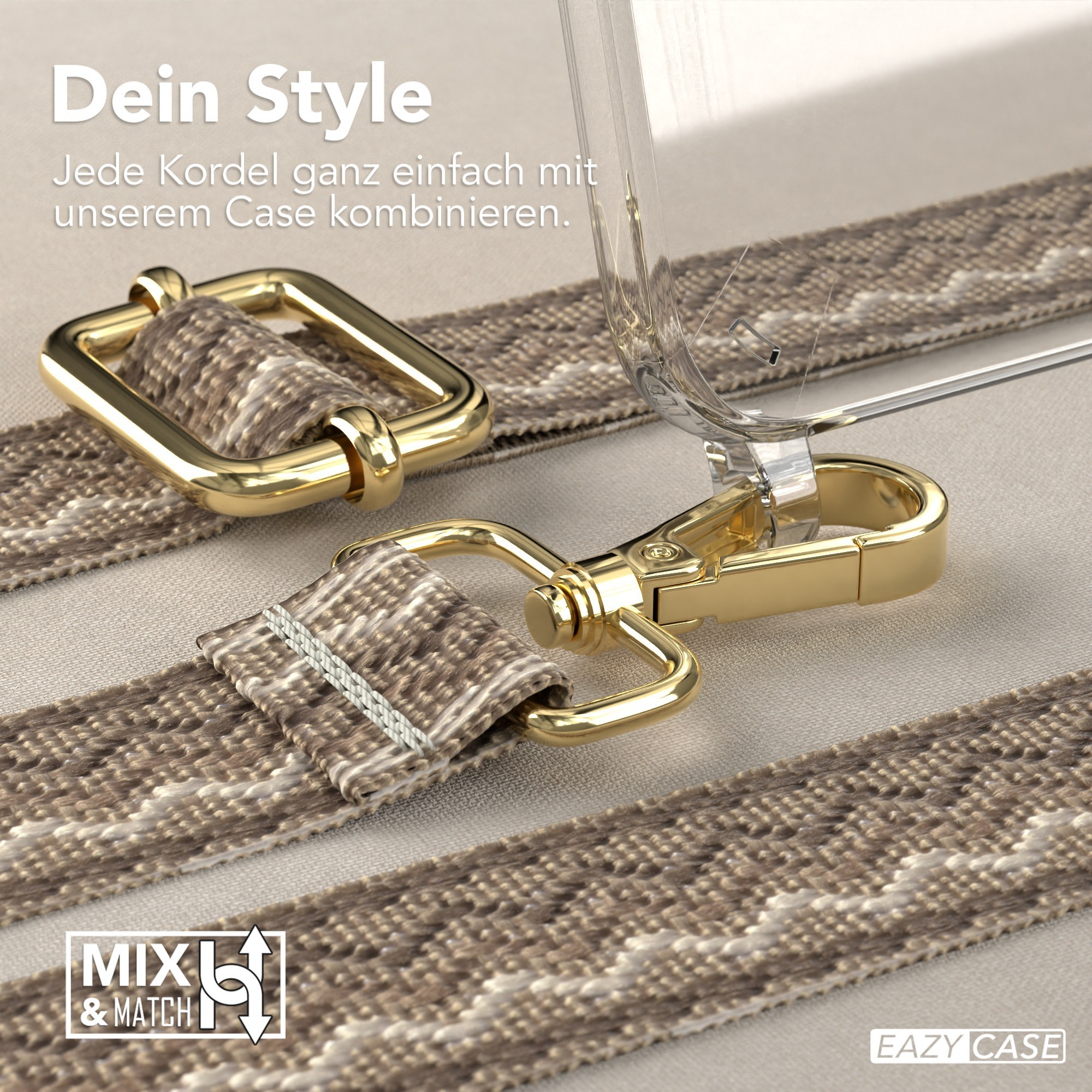 Nahaufnahme von Handyhüllen-Trägern mit goldenen Schnallen und gemusterten Riemen.