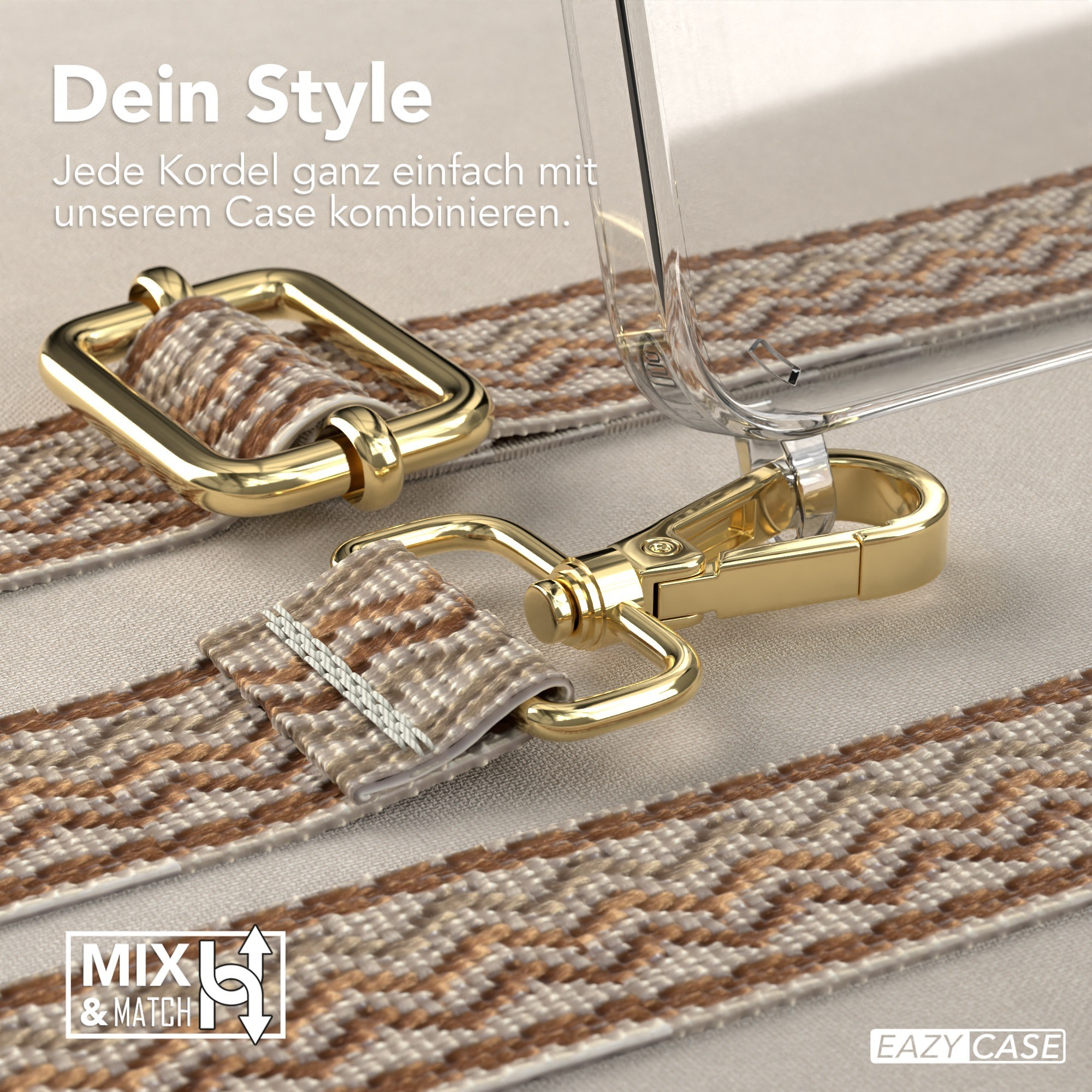 Nahaufnahme von Handyhülle und -riemen mit goldener Hardware. Beiger Hintergrund. Deutscher Text.