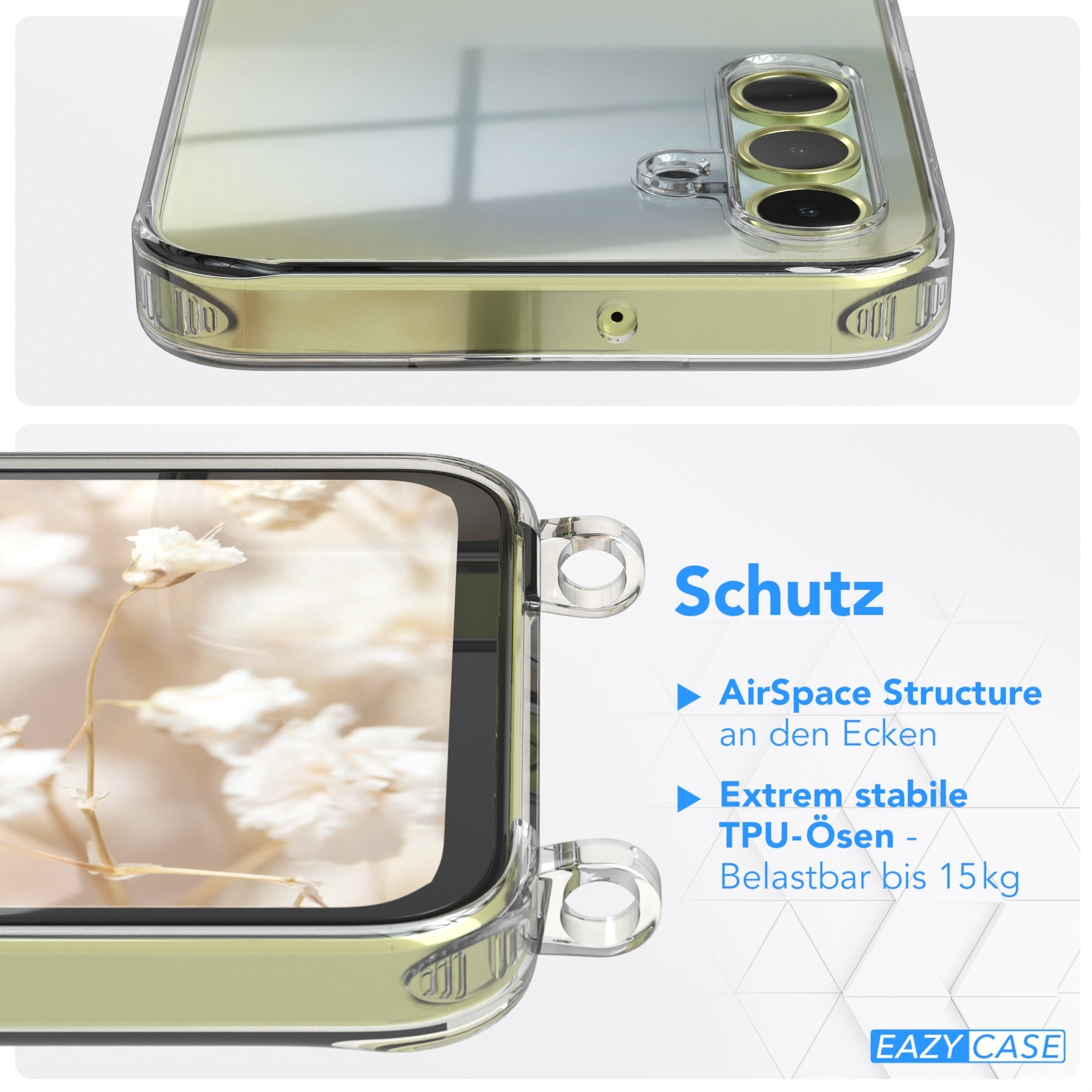 Transparente Handyhülle mit Telefon. Zeigt Eckenschutz und Grafik mit weißen Blumen im Hintergrund.