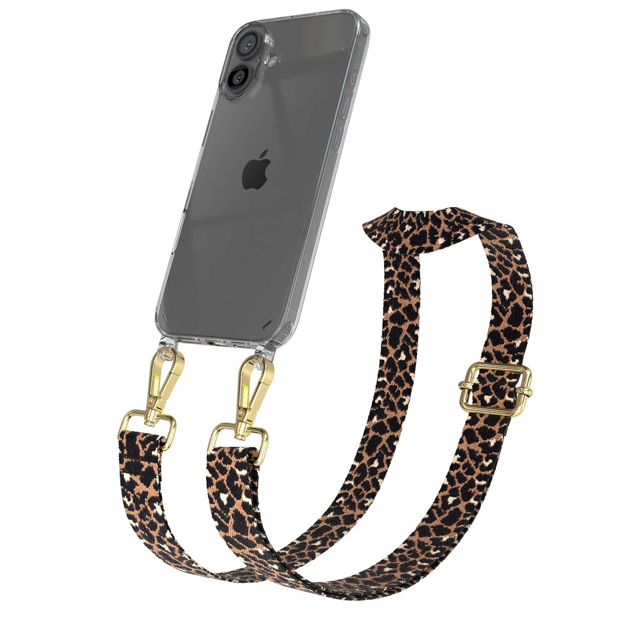 Ein Telefon in einer transparenten Hülle mit Leopardenmuster-Gurt.