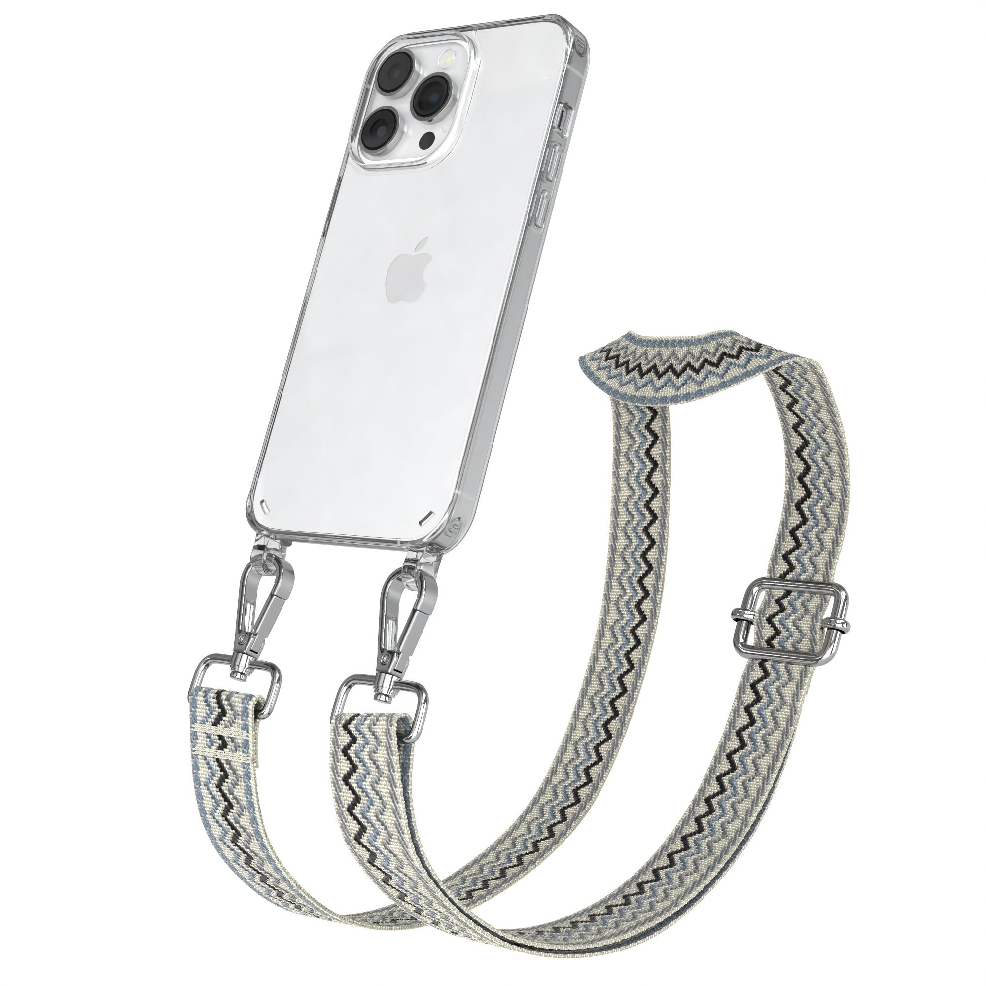 Telefon in durchsichtiger Hülle mit blauem Zickzackriemen. Silberne Verschlüsse und Schnalle.