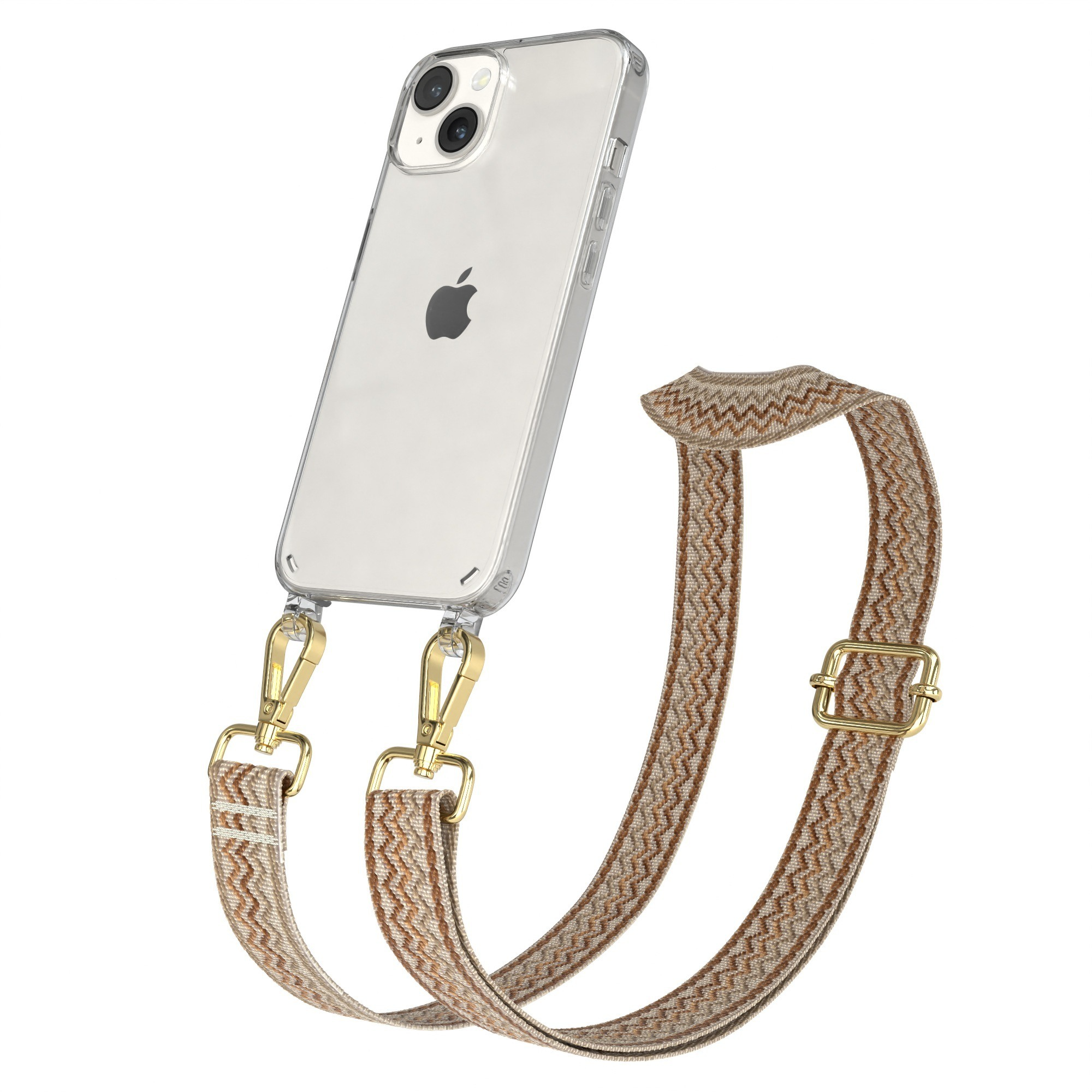 Transparente Handyhülle mit Telefon. Brauner geflochtener Riemen mit goldenen Haken und Schnalle.