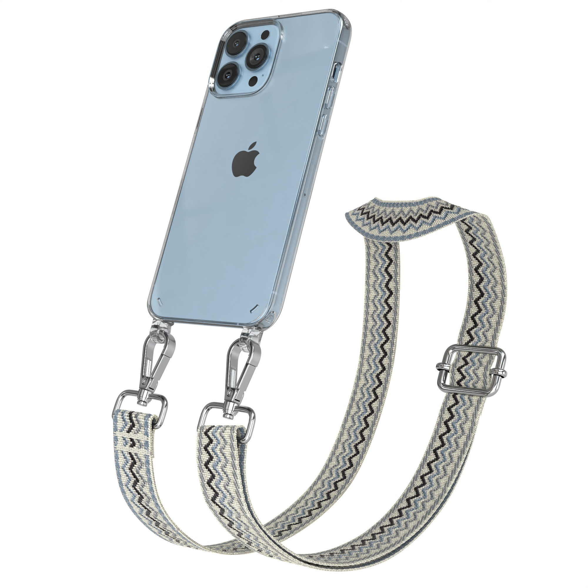 Telefon in klarer Hülle mit Riemen. Schwarz-blau-weißes Muster.