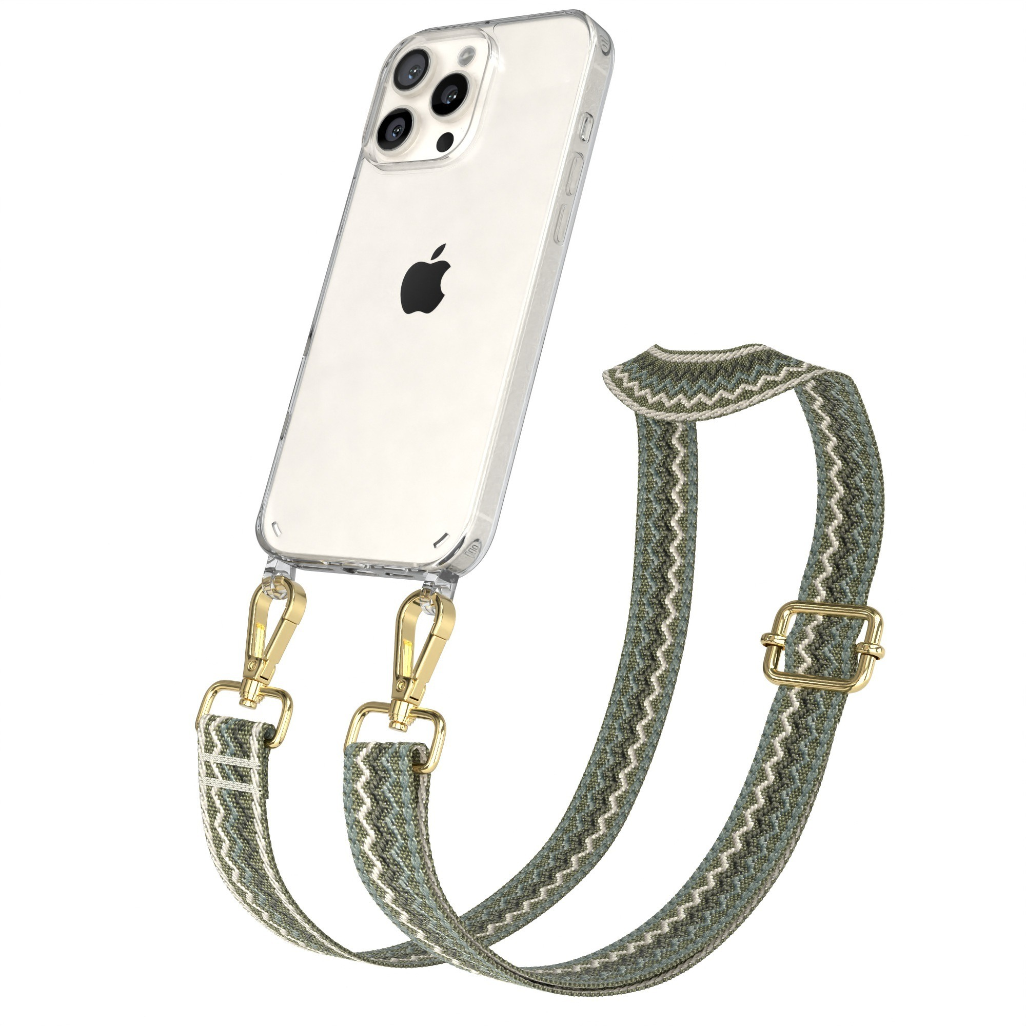 Transparente Handyhülle mit Telefon, grün gemusterter Riemen mit goldenen Verschlüssen.