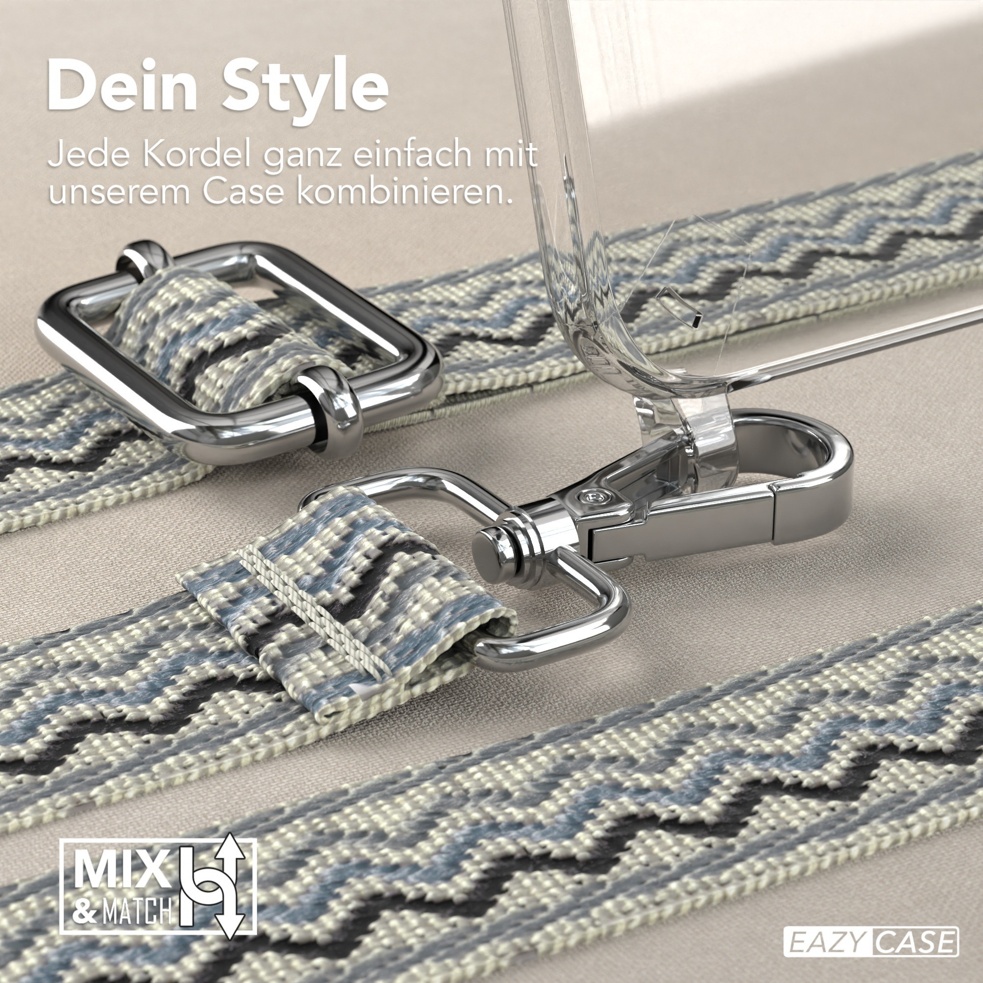 Nahaufnahme einer Handyhülle mit blau-grauem Musterband. Silberne Hardware-Details sind sichtbar.
