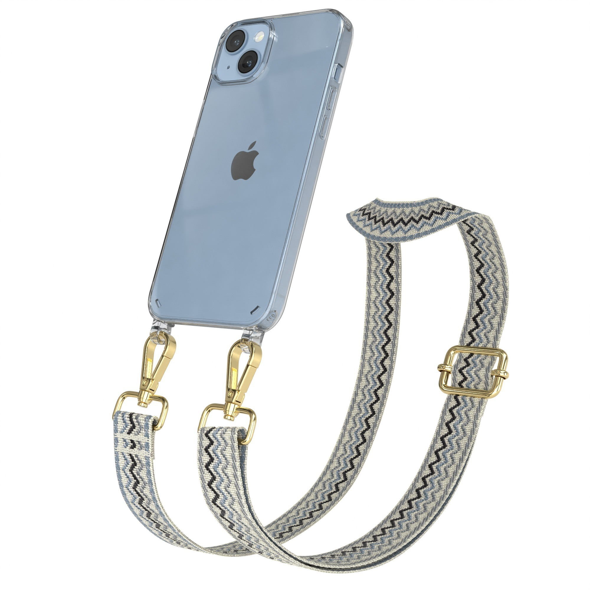 Blaues iPhone mit einer durchsichtigen Hülle, befestigt an einem blau-weiß gemusterten Riemen.