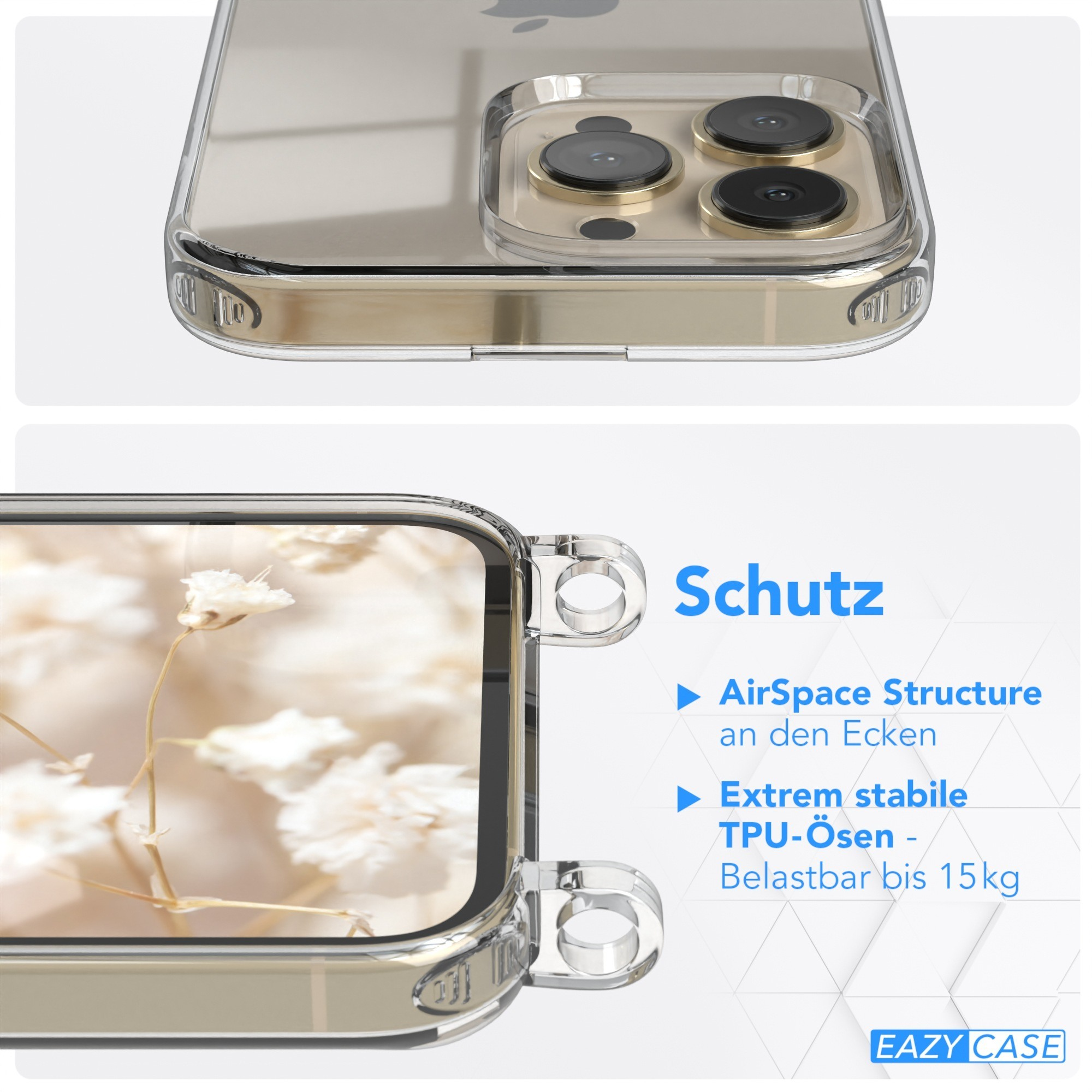 Transparente Handyhülle, mit Eck-Luftraum und TPU-Ösen. Text: Schutz, Eazy Case.