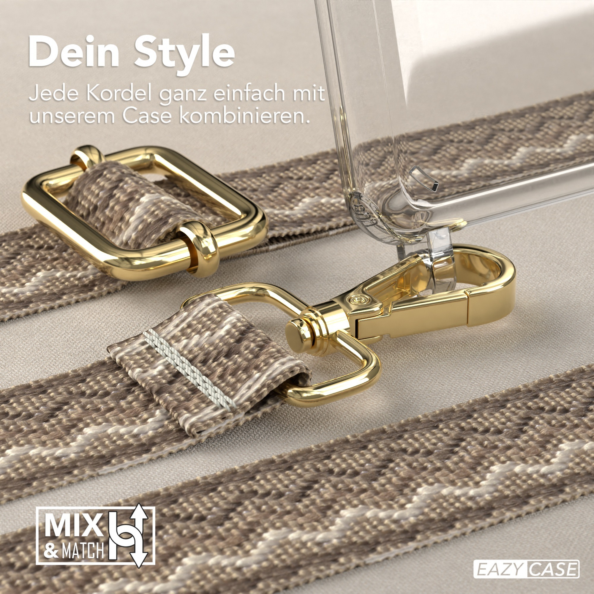 Goldfarbene Metallbeschläge an einem gemusterten Stoffriemen mit goldfarbenem Verschluss, für eine Hülle.