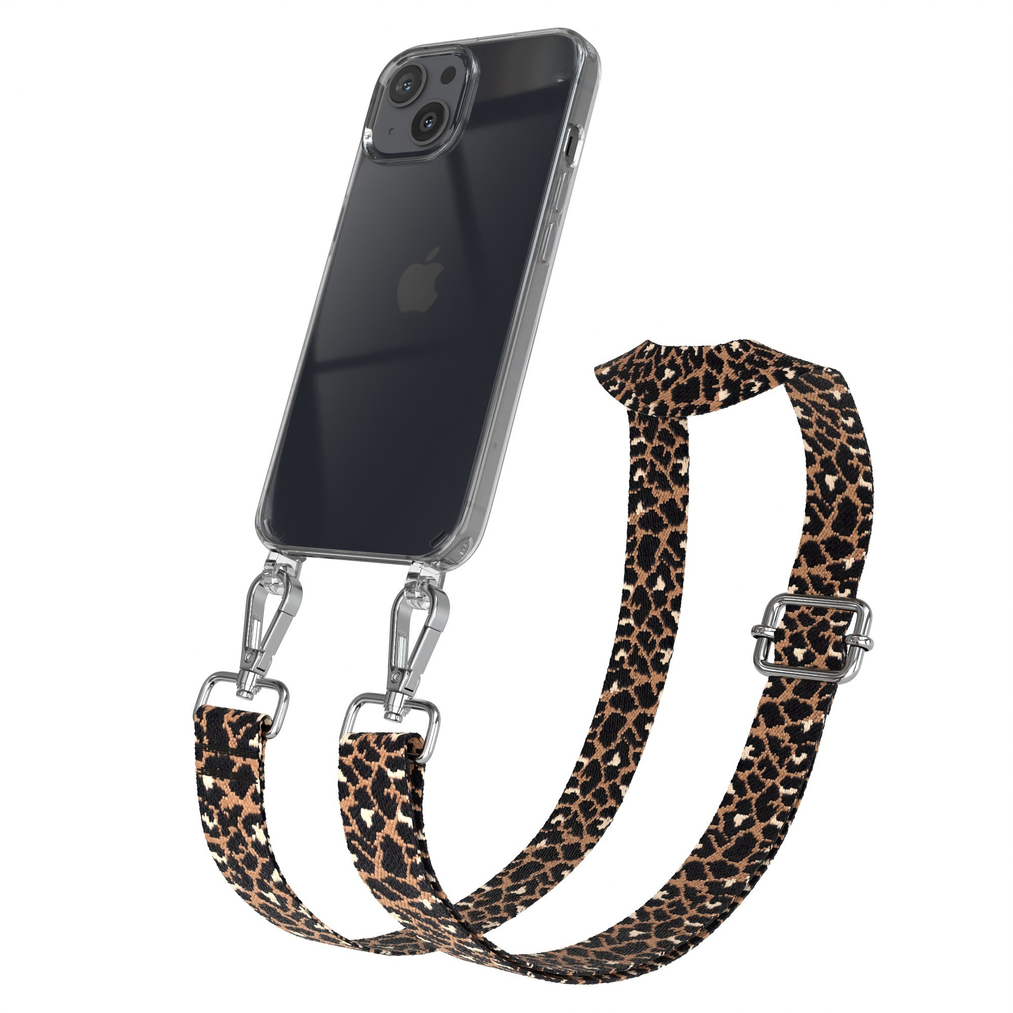 Transparente Handyhülle mit Leopardenmuster-Trageriemen. Metallverschlüsse und Schnalle sichtbar.