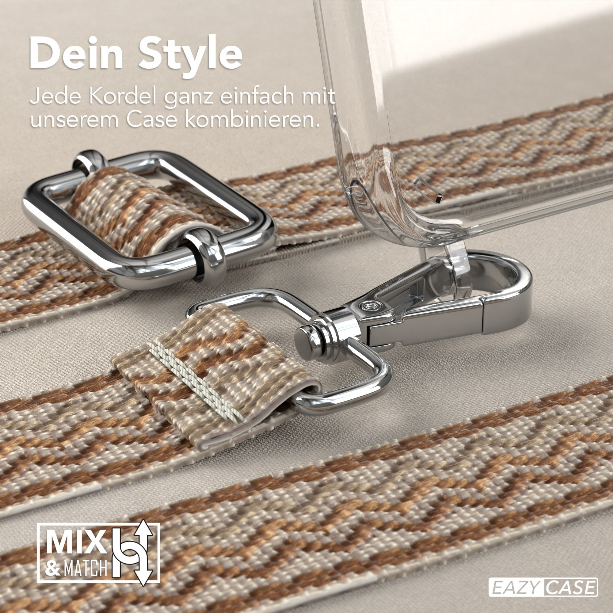 Nahaufnahme einer Handyhülle mit gewebtem Gurt, silbernen Verschlüssen und dem Wort „Mix & Match“.