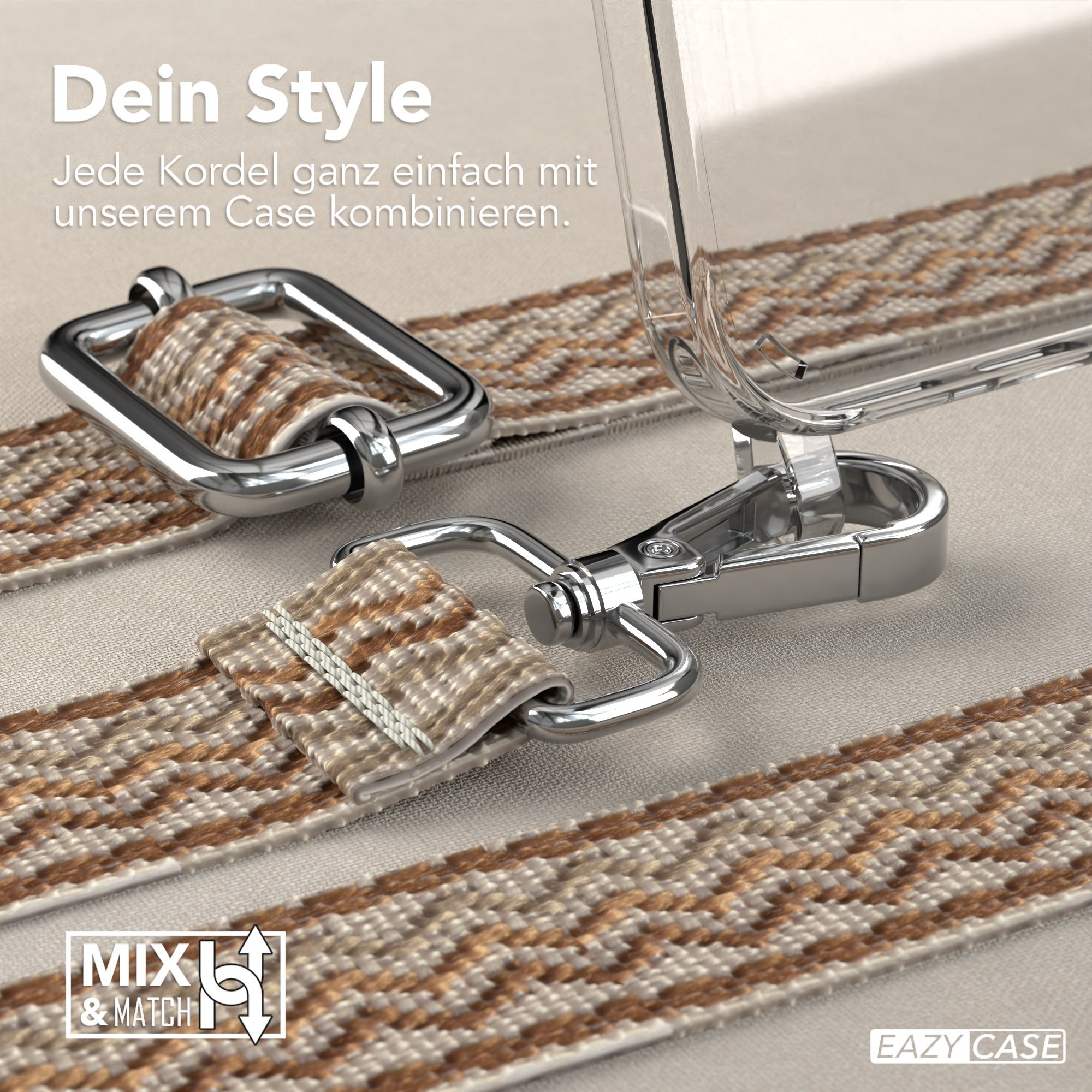 Nahaufnahme von Handyhüllenriemen, silberner Hardware und klarer Handyhülle auf beigem Untergrund. Braun-beiges Muster.