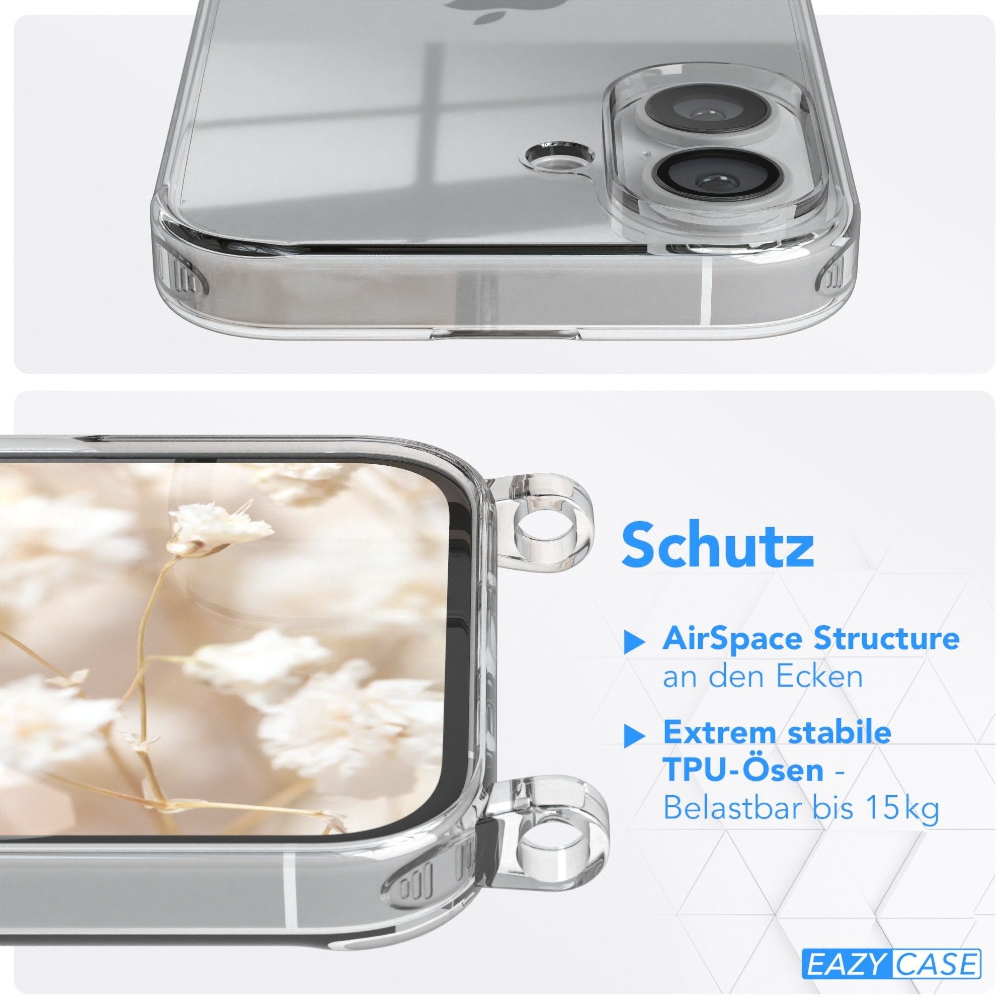 Transparente Handyhülle mit Text und Details zu den Schutzmerkmalen der Hülle.