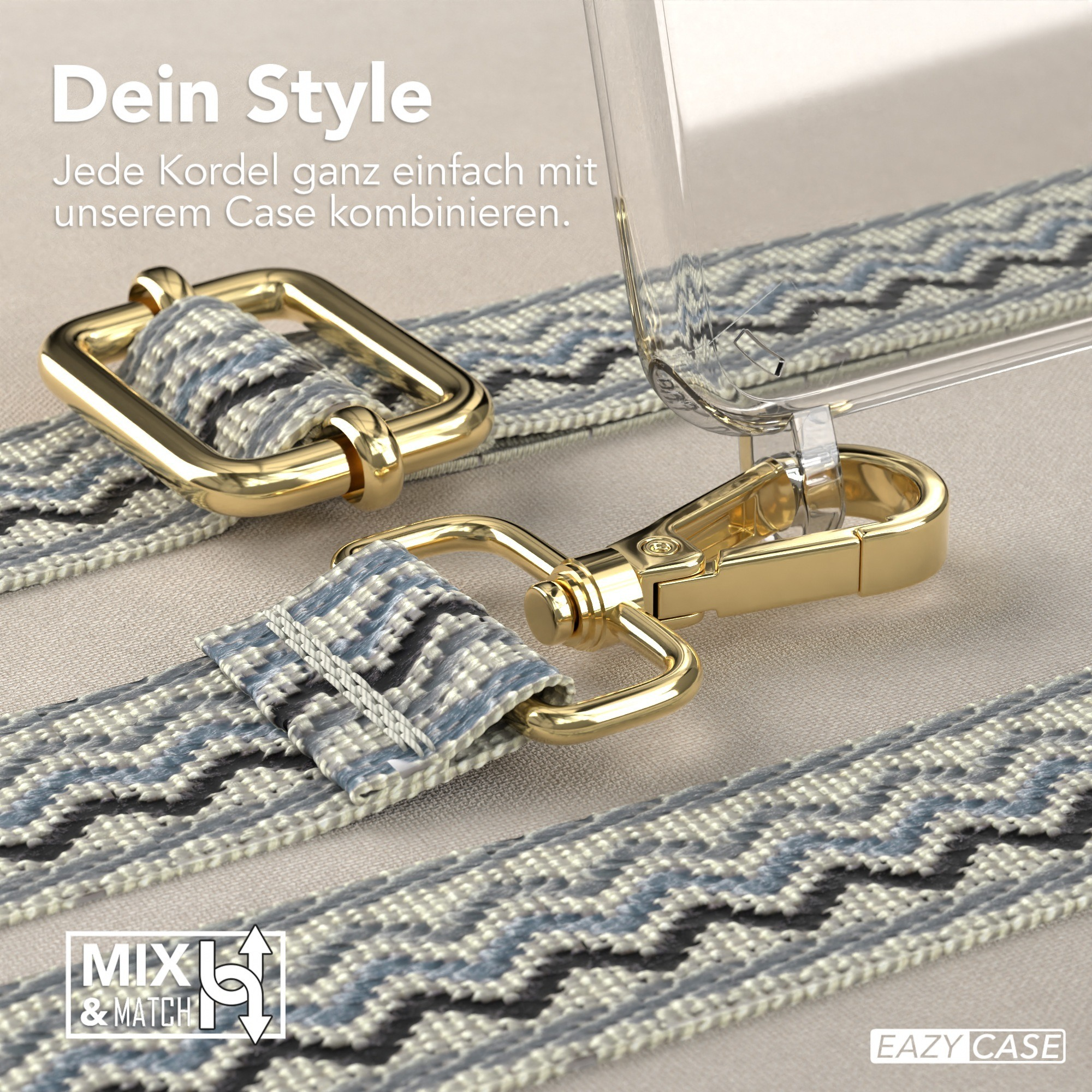 Nahaufnahme eines gemusterten Riemens mit goldfarbener Hardware. Eine Handyhülle ist sichtbar. Text auf Deutsch.