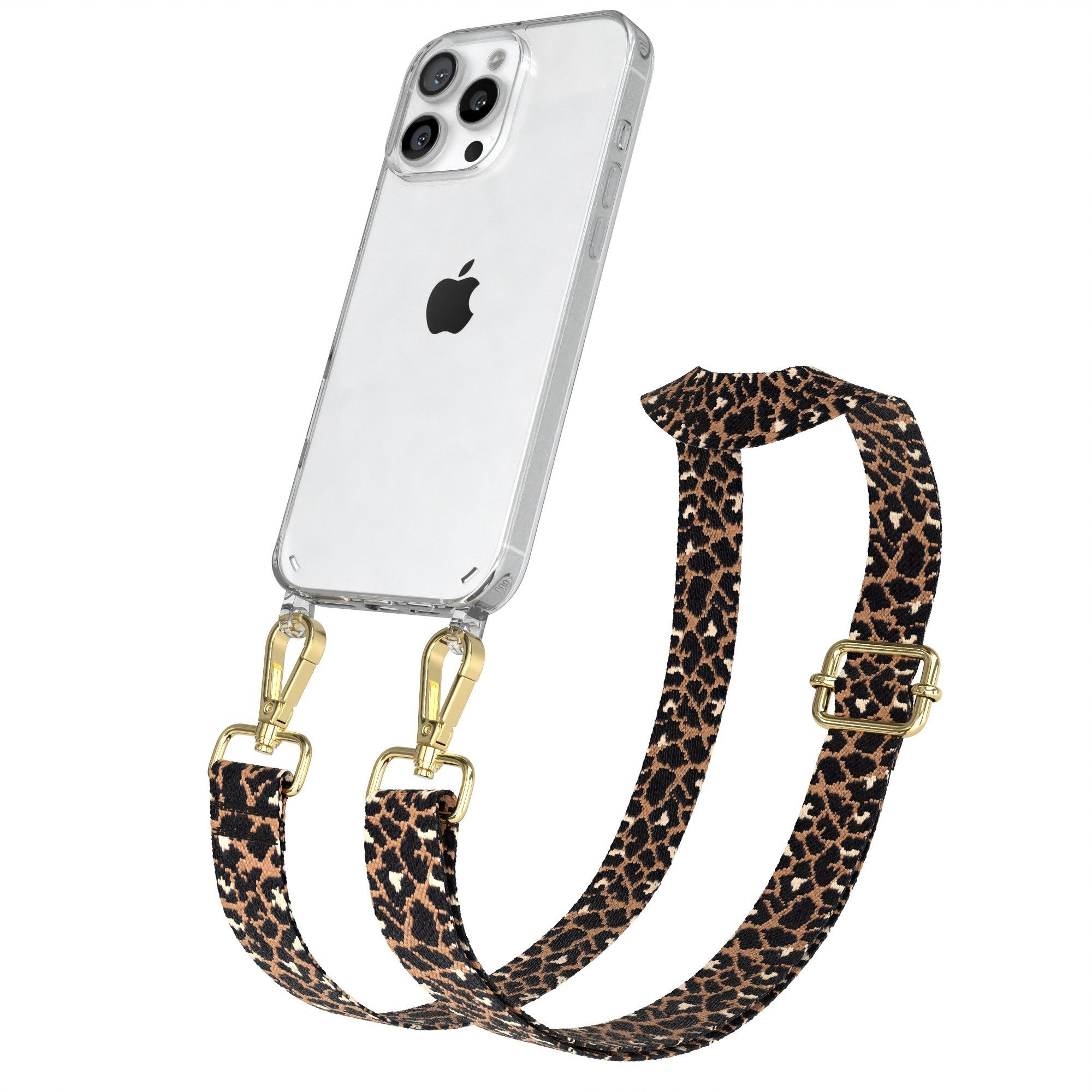 Telefon mit Leopardenmusterband, klarer Hülle, goldenen Verschlüssen.