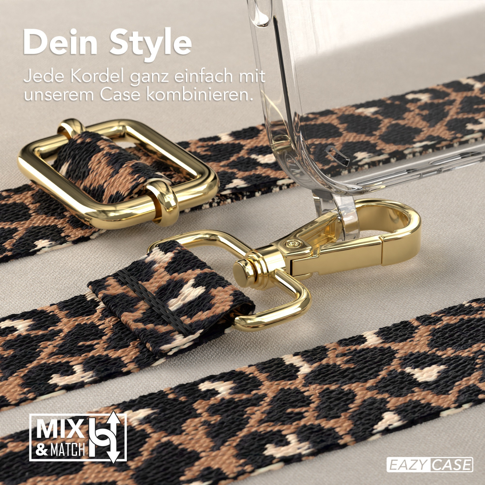 Nahaufnahme von Handyhüllen-Trägern mit goldenen Schnallen und Leopardenmusterriemen.