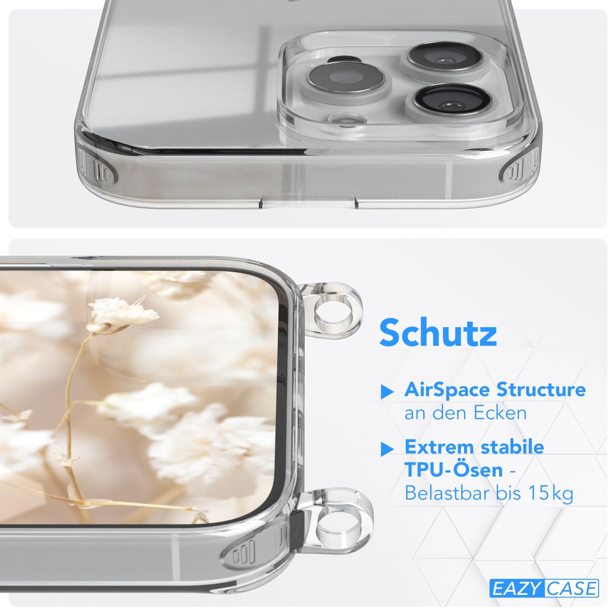 Eine Handyhülle mit einem Telefon darin. Die Oberseite ist sichtbar, und es stehen einige Funktionen darauf.