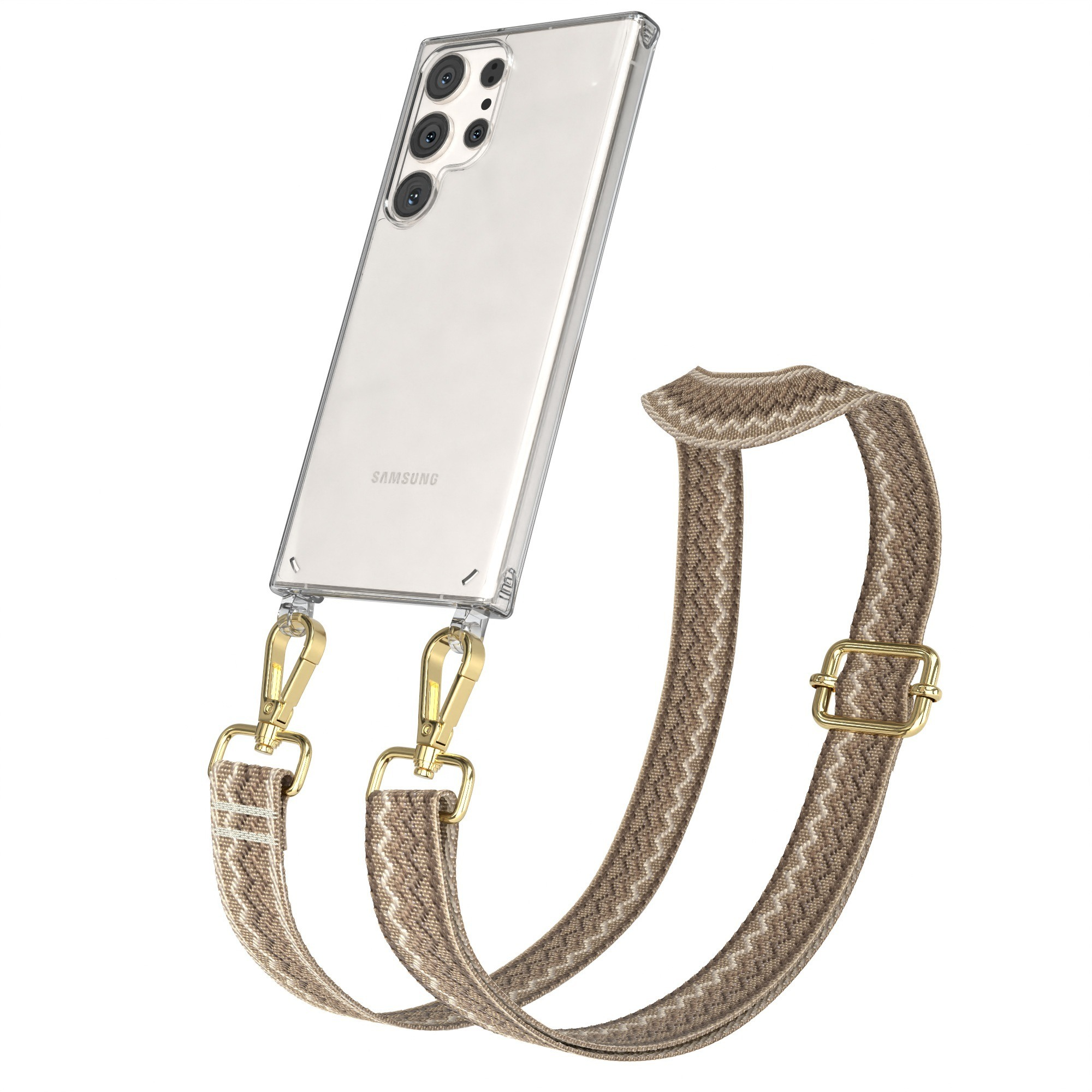 Telefon mit klarer Hülle und gemustertem Gurt. Goldene Haken und Schnalle. Weißer Hintergrund.