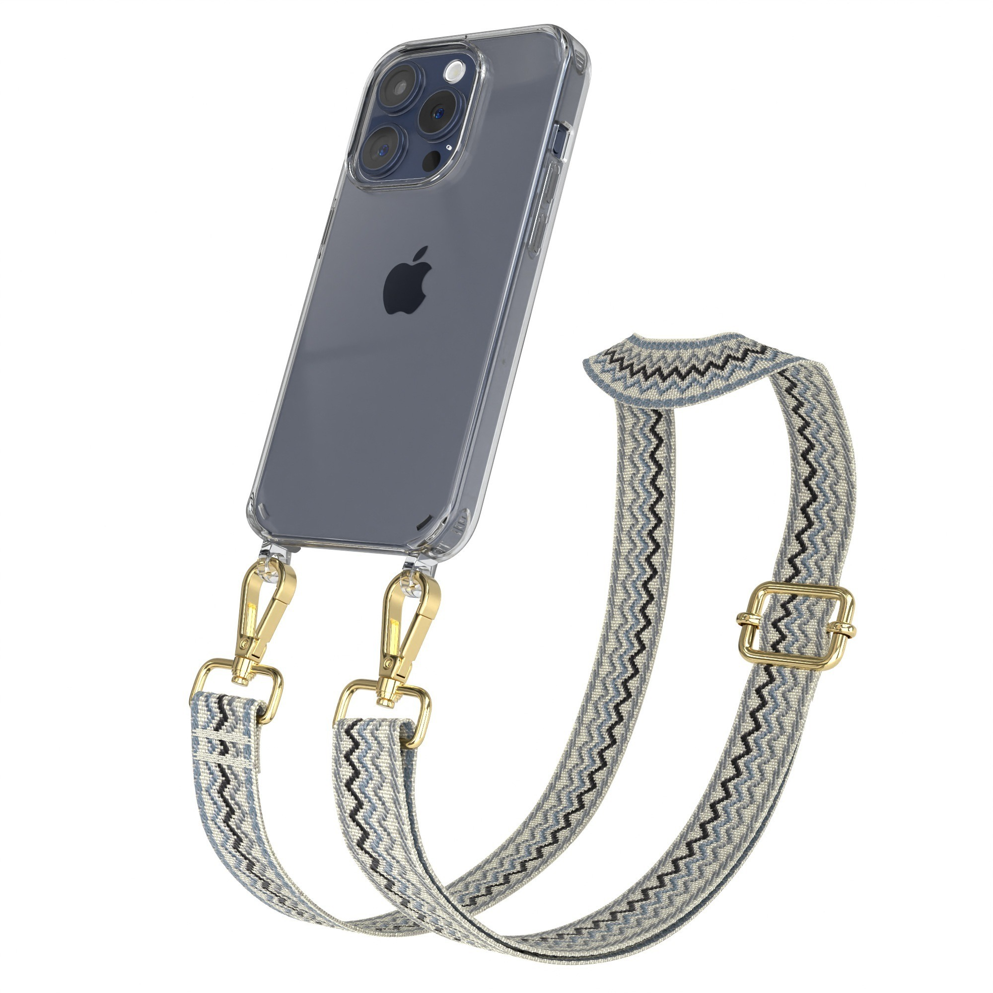 Goldenes iPhone mit einer transparenten Hülle, befestigt an einem blau-weiß gemusterten Riemen.