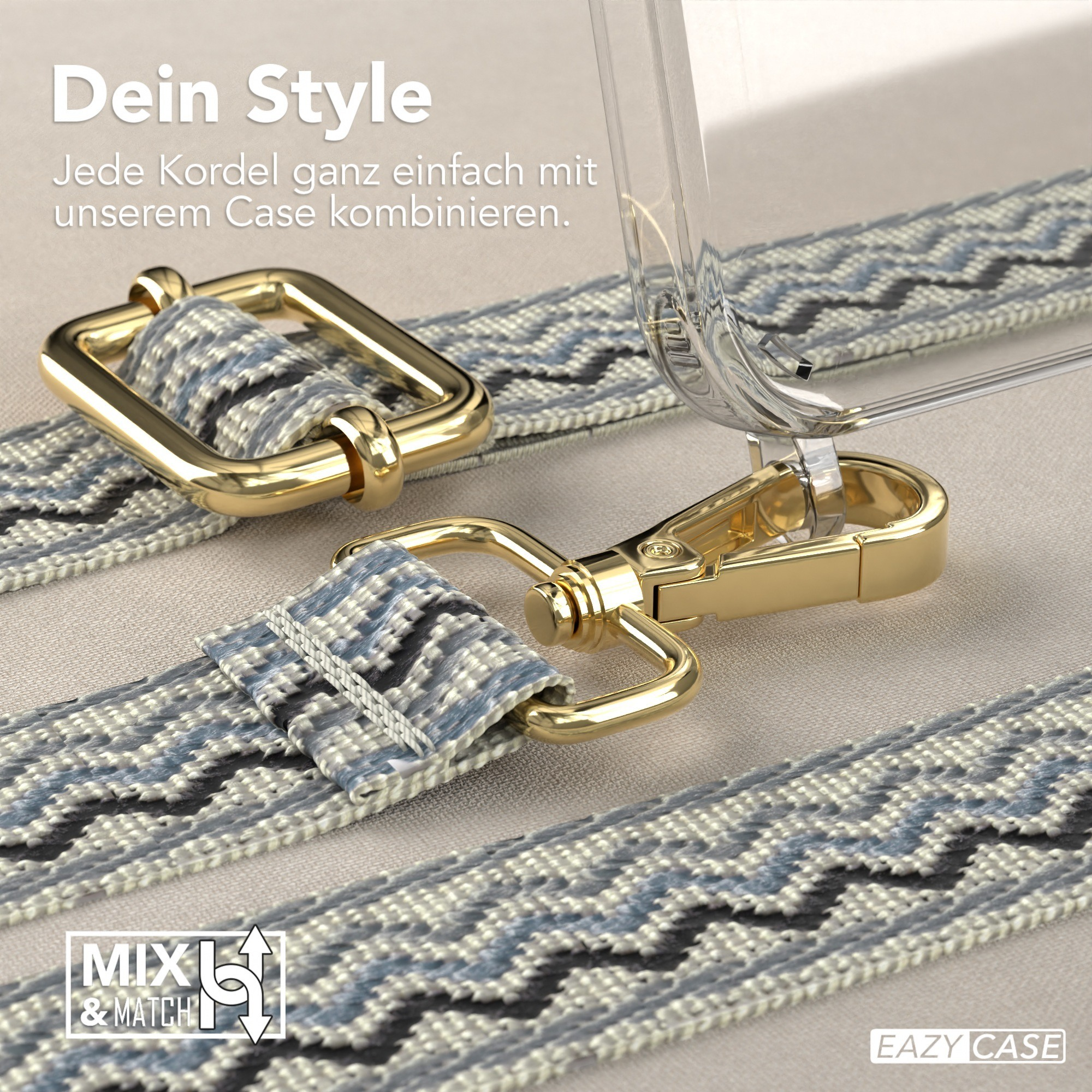 Nahaufnahme der Handyhülle: Band, goldener Verschluss und Haken. Gehäuse zeigt Webmuster.