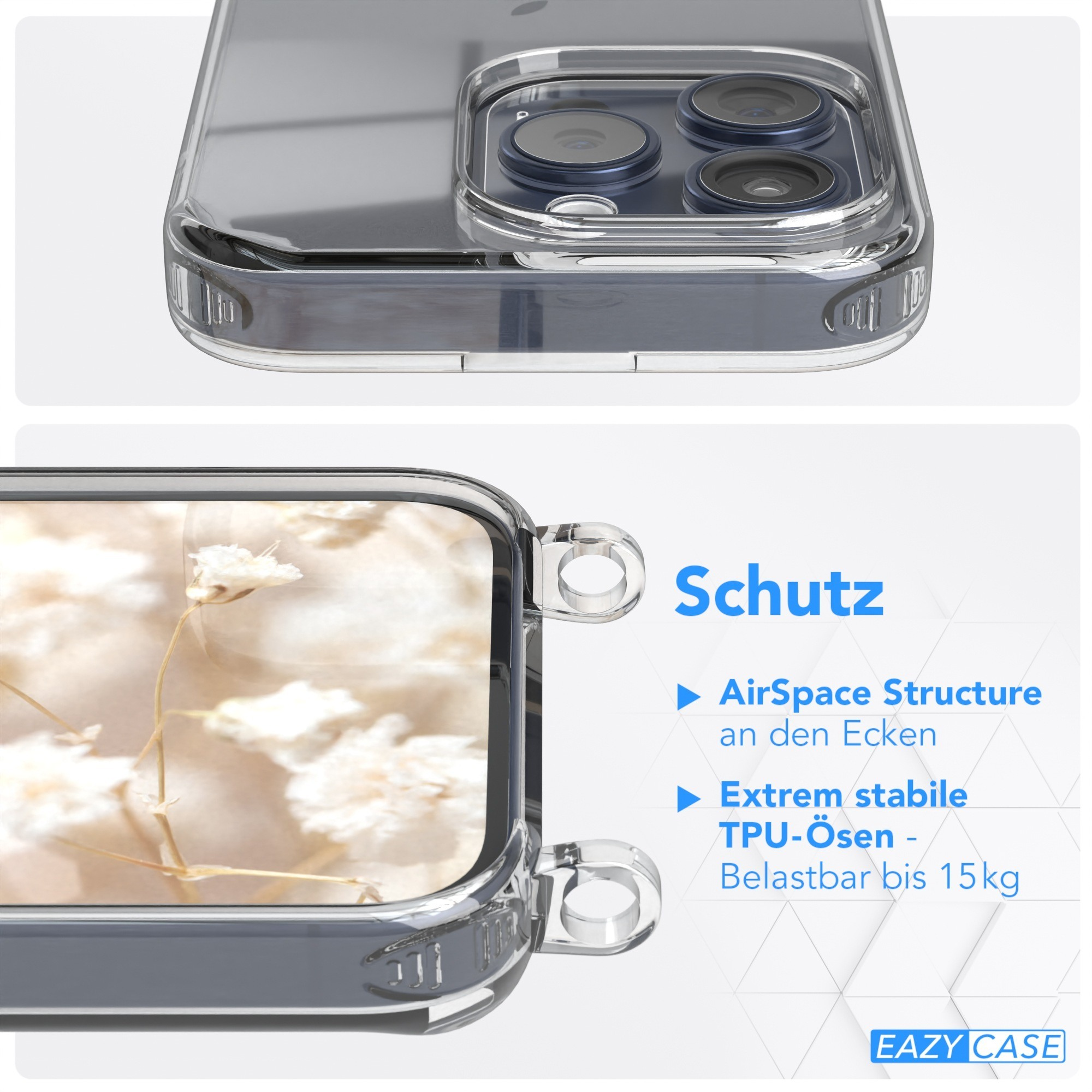 Nahaufnahme einer Handyhülle mit transparentem Design und Text.