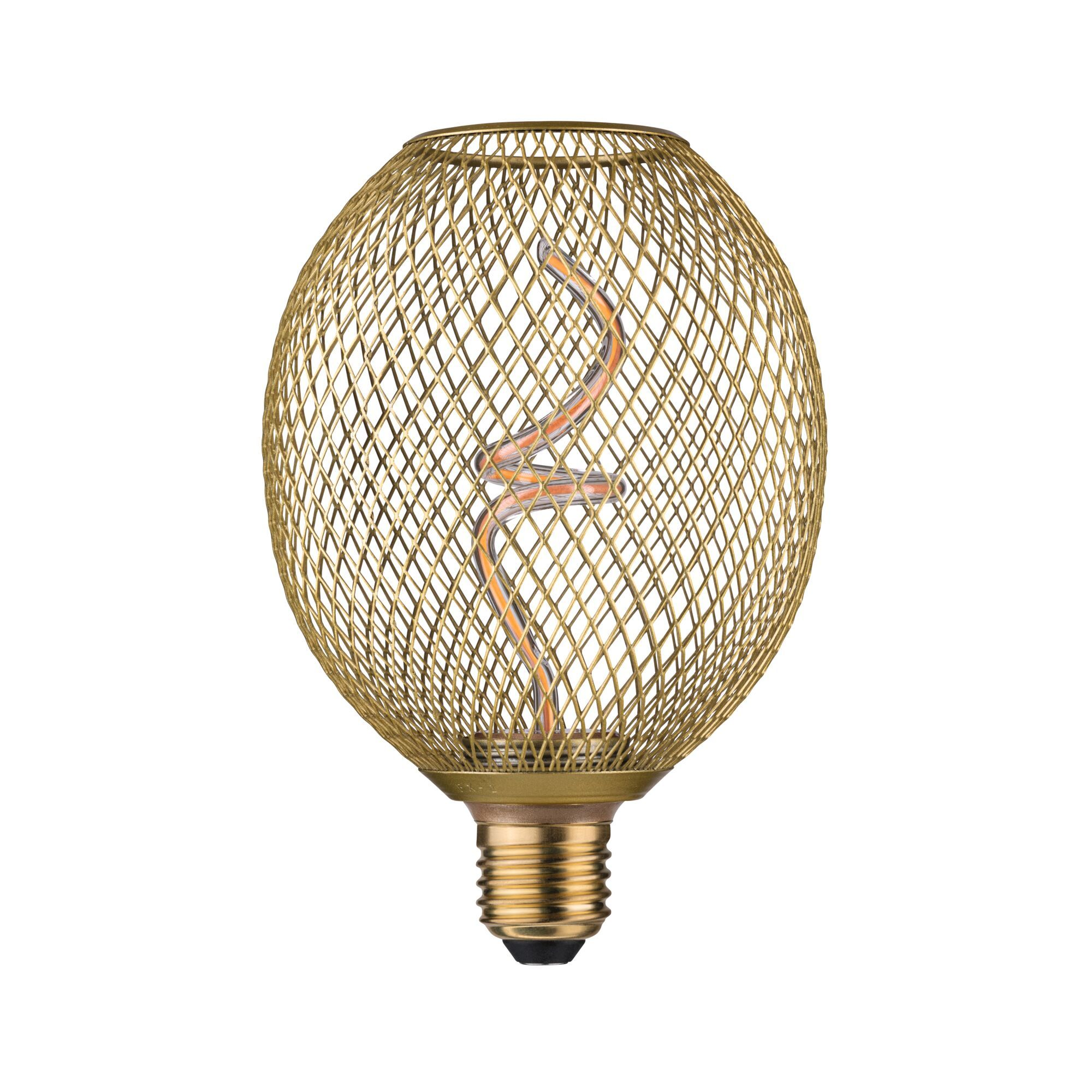 Żarówka w kolorze złotym ze skomplikowanym wzorem z drutu, czarna podstawa.
