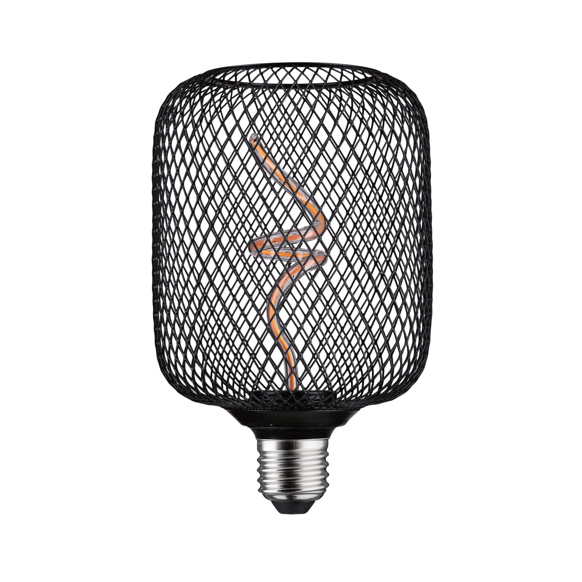 Czarna metalowa żarówka w klatce. Żarówka ma skręcony pomarańczowy żarnik.