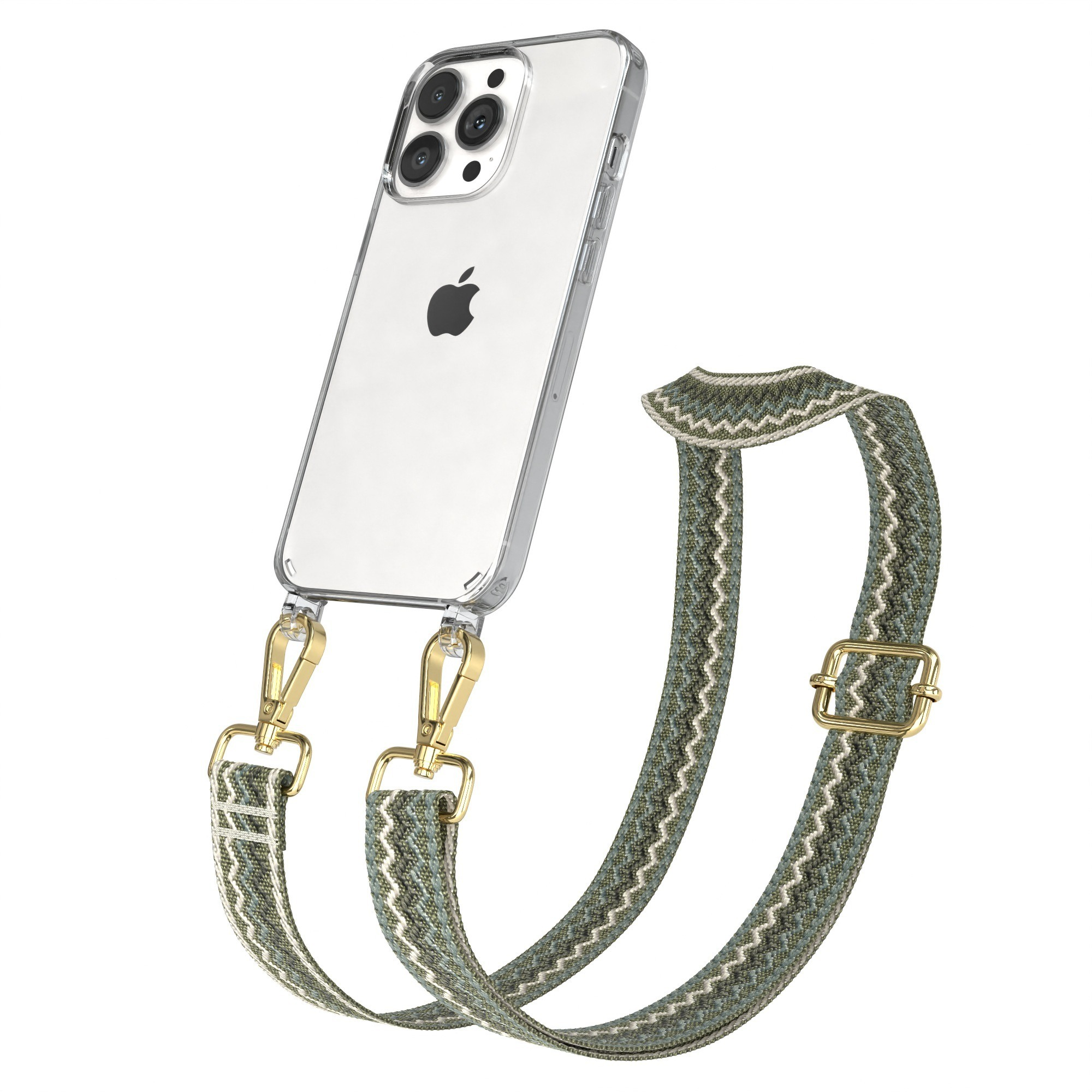 Klares iPhone mit grünem geometrischem Riemen. Goldene Verschlüsse und Schnalle. Weißer Hintergrund.