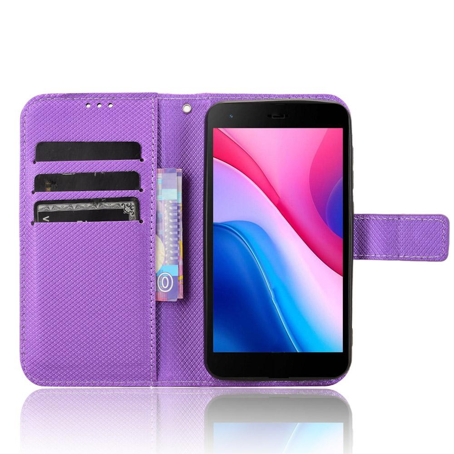 Lila Handyhülle mit Telefon, Karten- und Geldfächern.