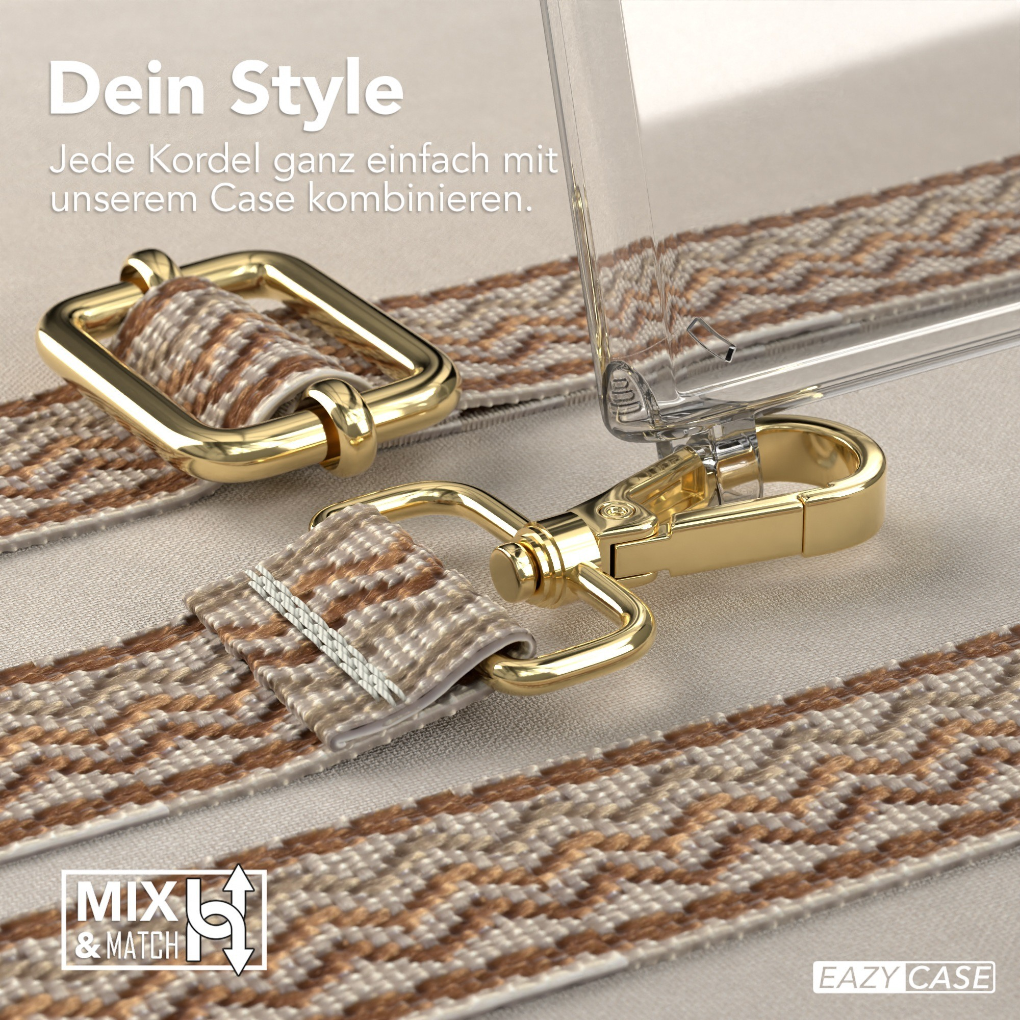 Goldener Verschluss und Gurtband. Klare Handyhülle mit Text. Beiger Hintergrund.