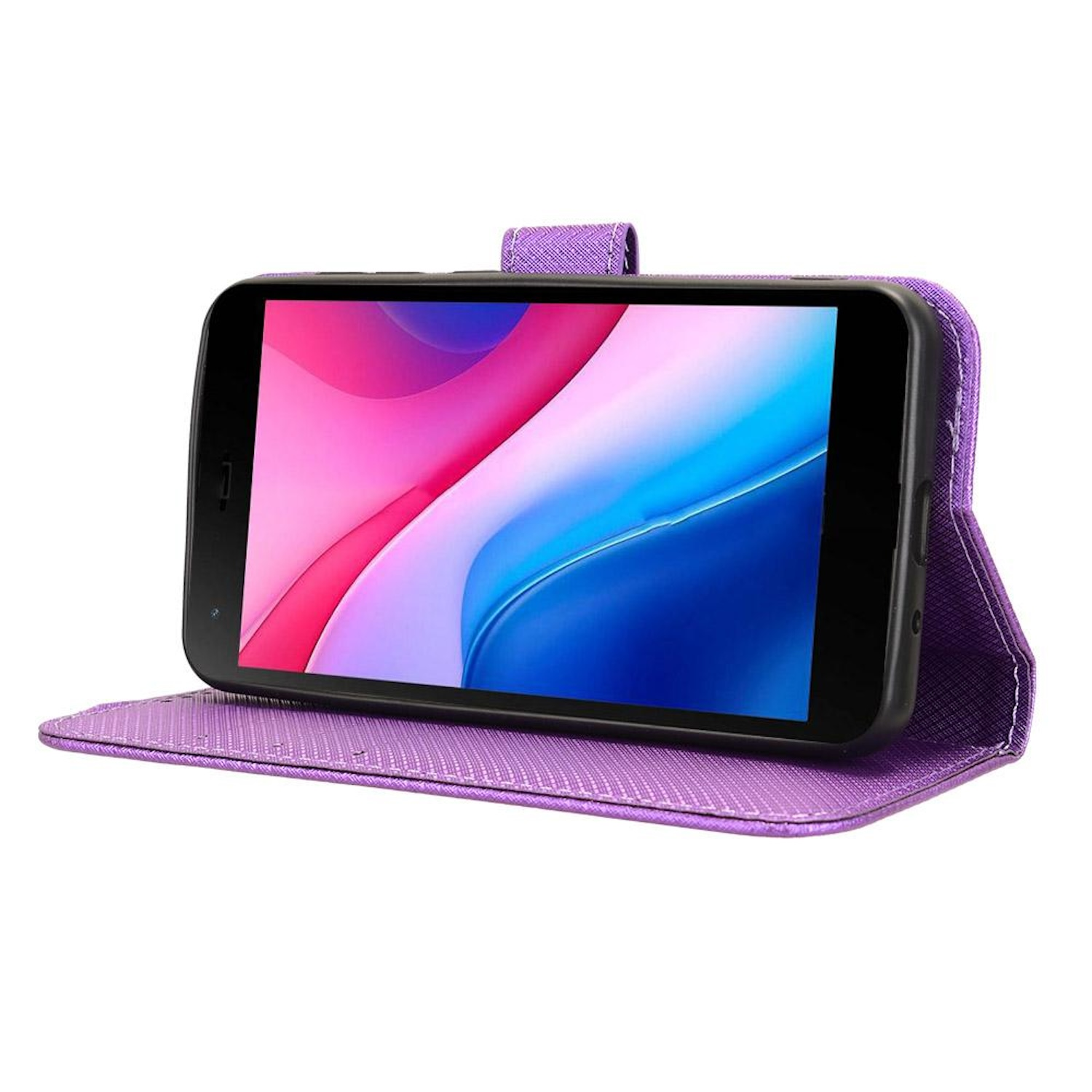 Eine lila Handyhülle mit einem Telefon darin, geöffnet, das einen farbenfrohen Bildschirm anzeigt.