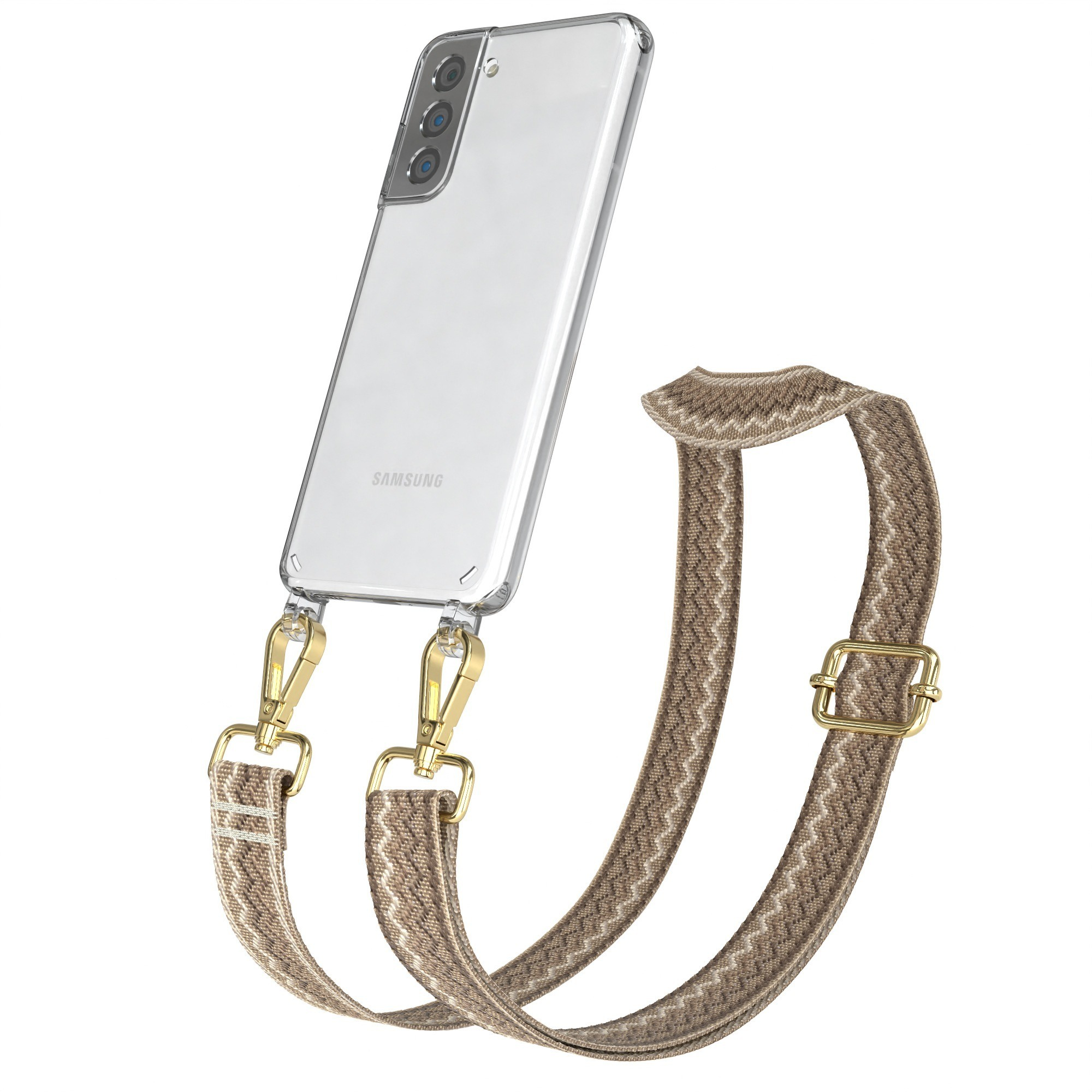 Transparente Handyhülle mit Trageriemen, Telefon innen. Goldene Haken und Verbinder.