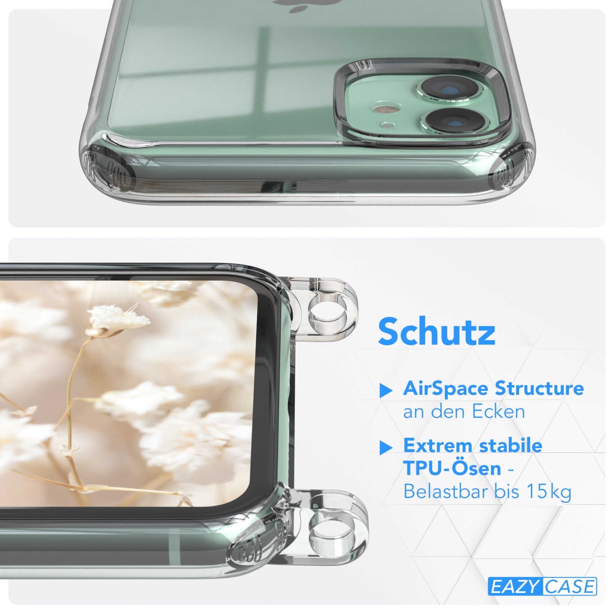 Nahaufnahme einer transparenten Handyhülle mit weißem Blumenbild und Text.