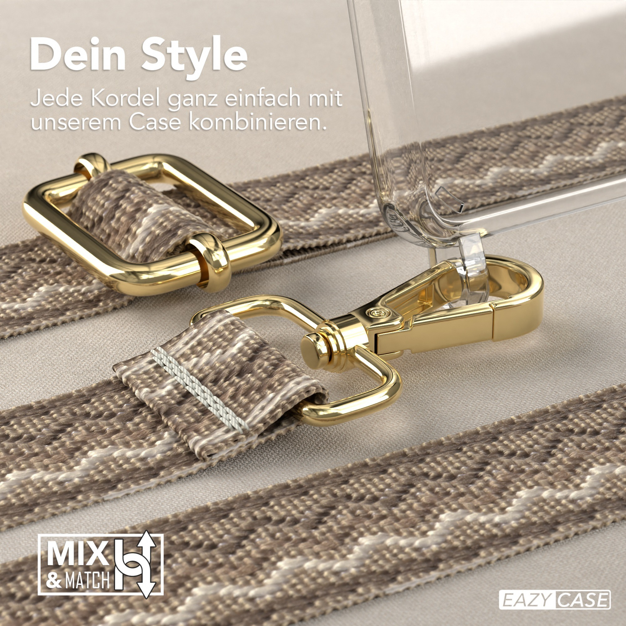 Handyhülle mit Riemenelementen. Goldener Verschluss und Riemen.