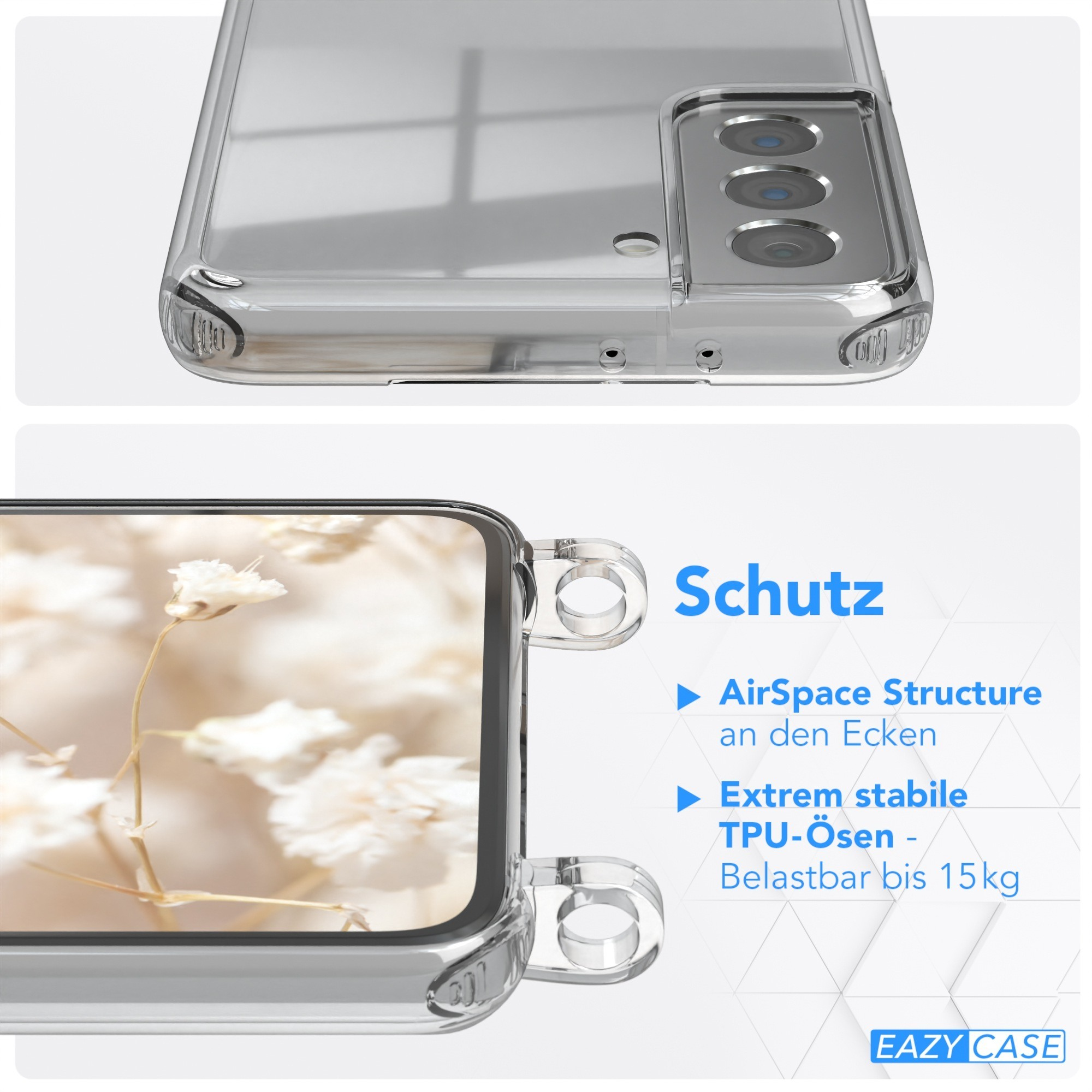 Nahaufnahme der Handyhülle mit zwei Löchern. Text: AirSpace Structure und Extrem stabile TPU-Ösen.