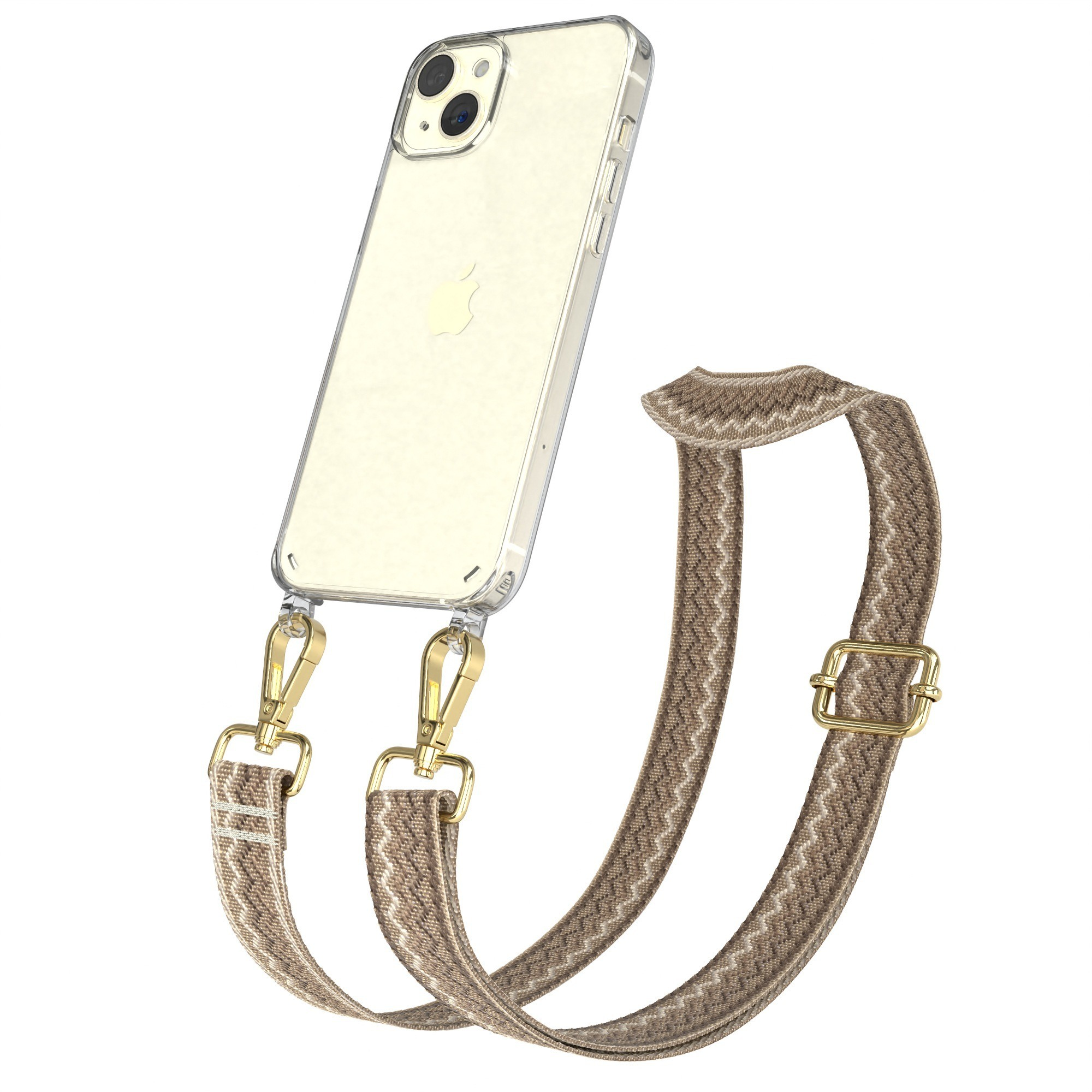 Telefon mit durchsichtiger Hülle, goldenen Aufsätzen und braunem Musterband.