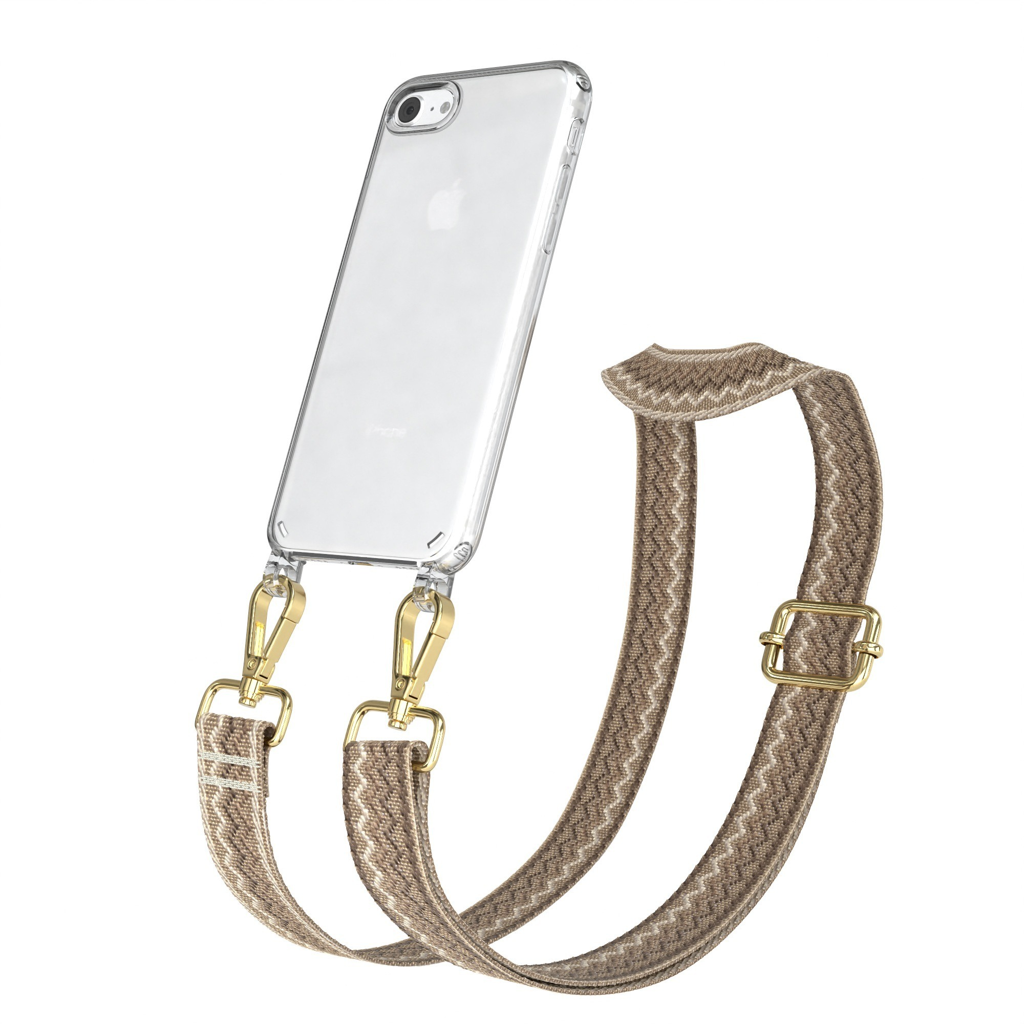 Ein transparentes Telefon in einem Gehäuse mit einem braunen, gewebten Riemen. Goldene Verschlüsse halten den Riemen.