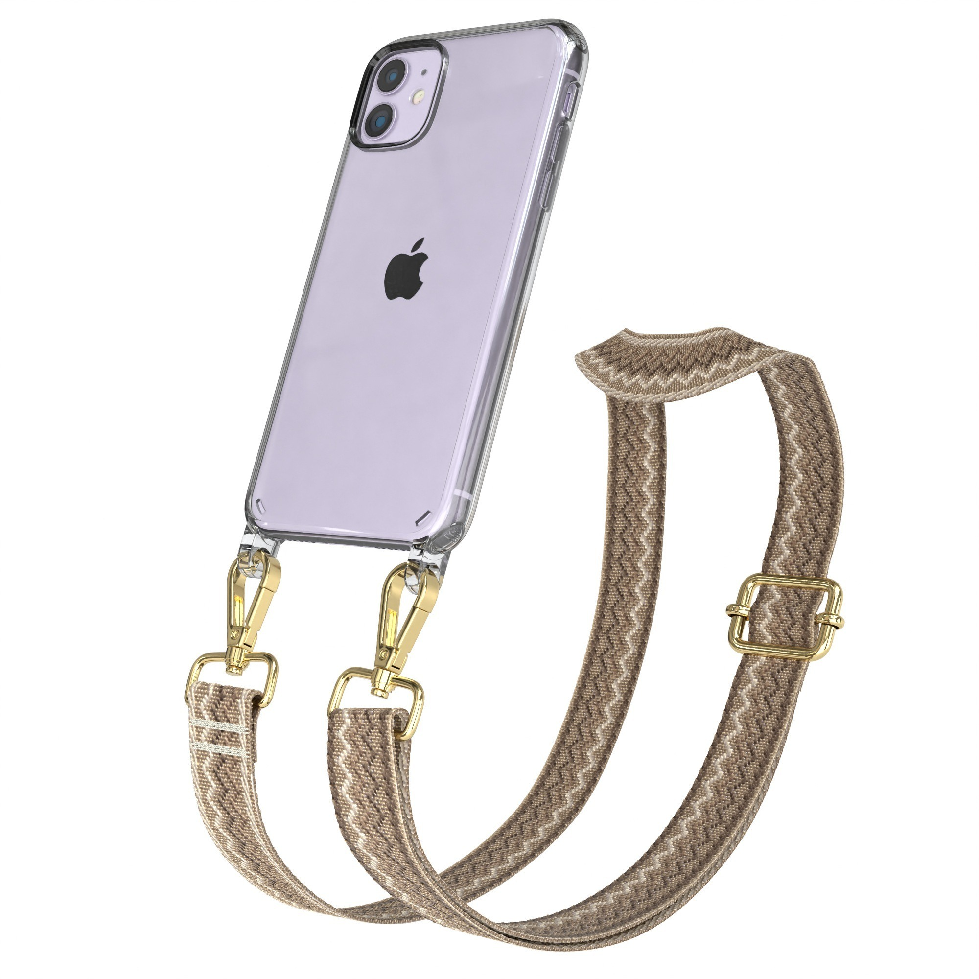 Transparente Handyhülle mit beigefarbenem Zick-Zack-Musterriemen und goldfarbener Hardware.