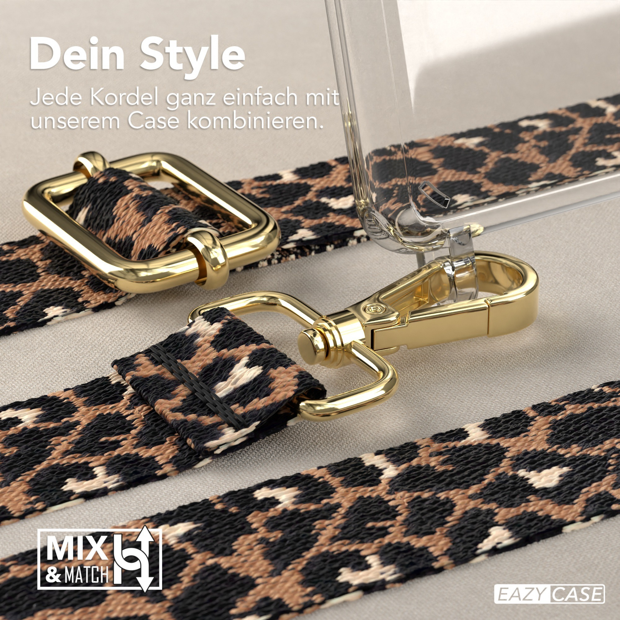 Nahaufnahme einer Handyhülle mit Leopardenmuster-Gurt und goldfarbener Hardware.