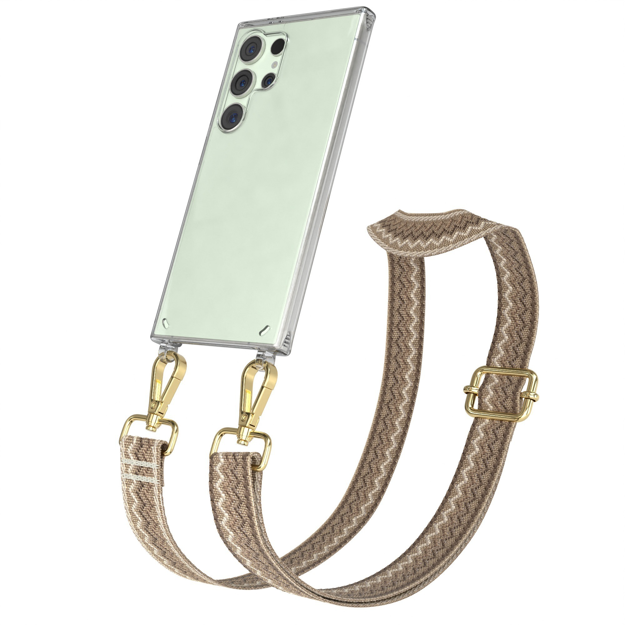 Ein Telefon in einer transparenten Hülle mit braunem Riemen. Goldene Hardware verbindet den Riemen mit dem Telefon.