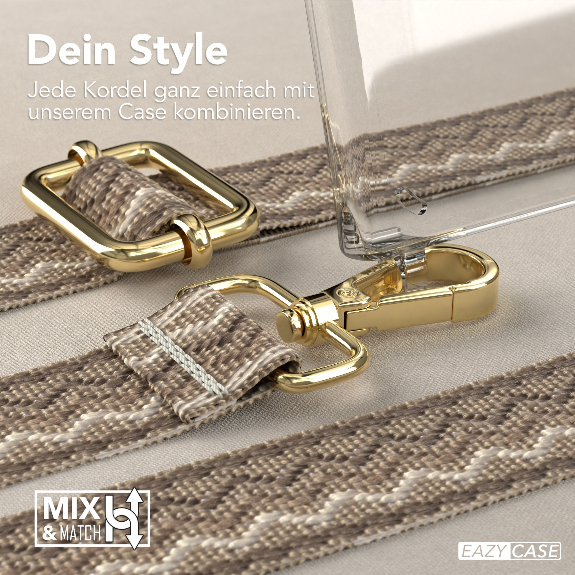 Handyband mit goldener Hardware, transparente Handyhülle.