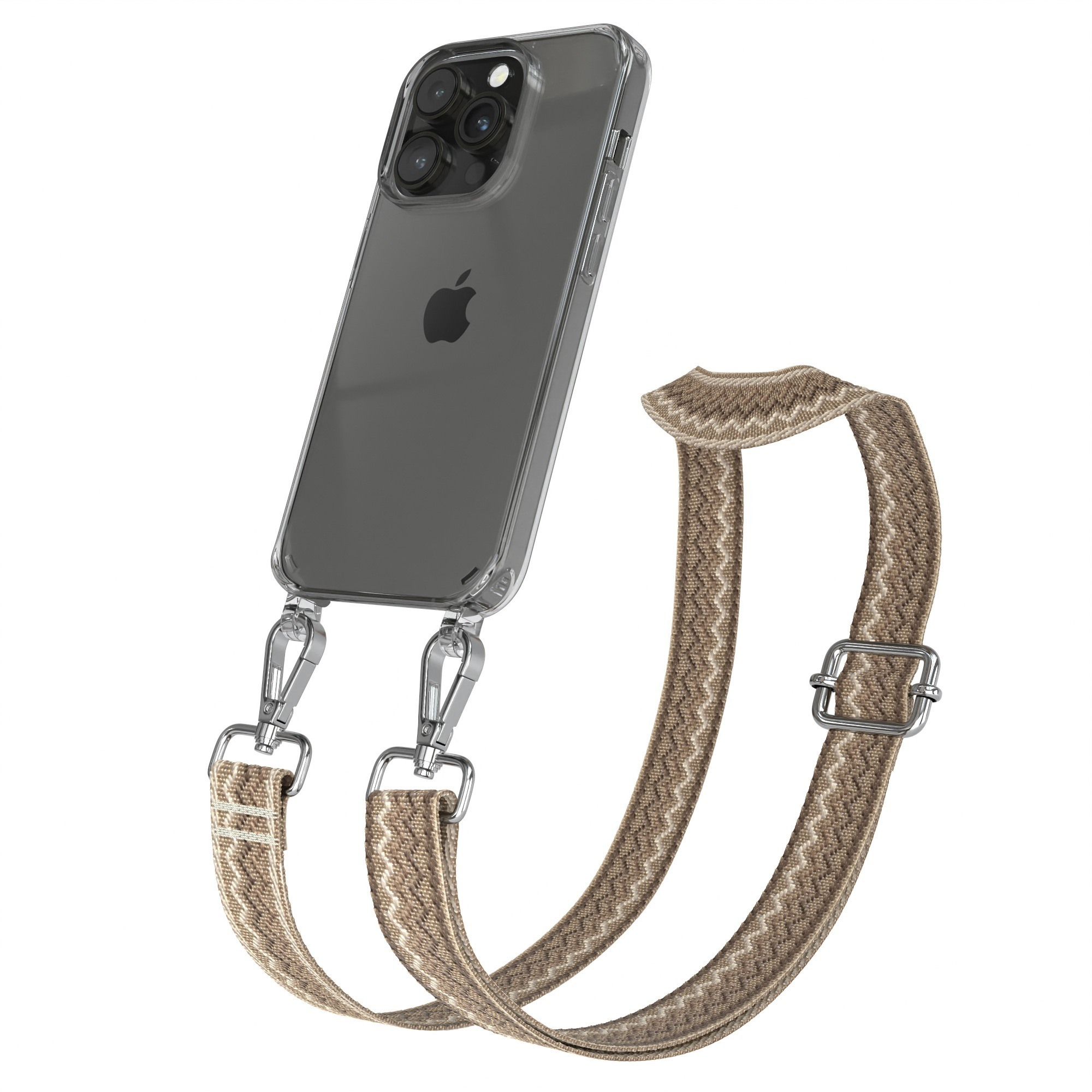 Brauner Telefonriemen mit klarer Handyhülle. Silberne Verschlüsse und Schnalle.